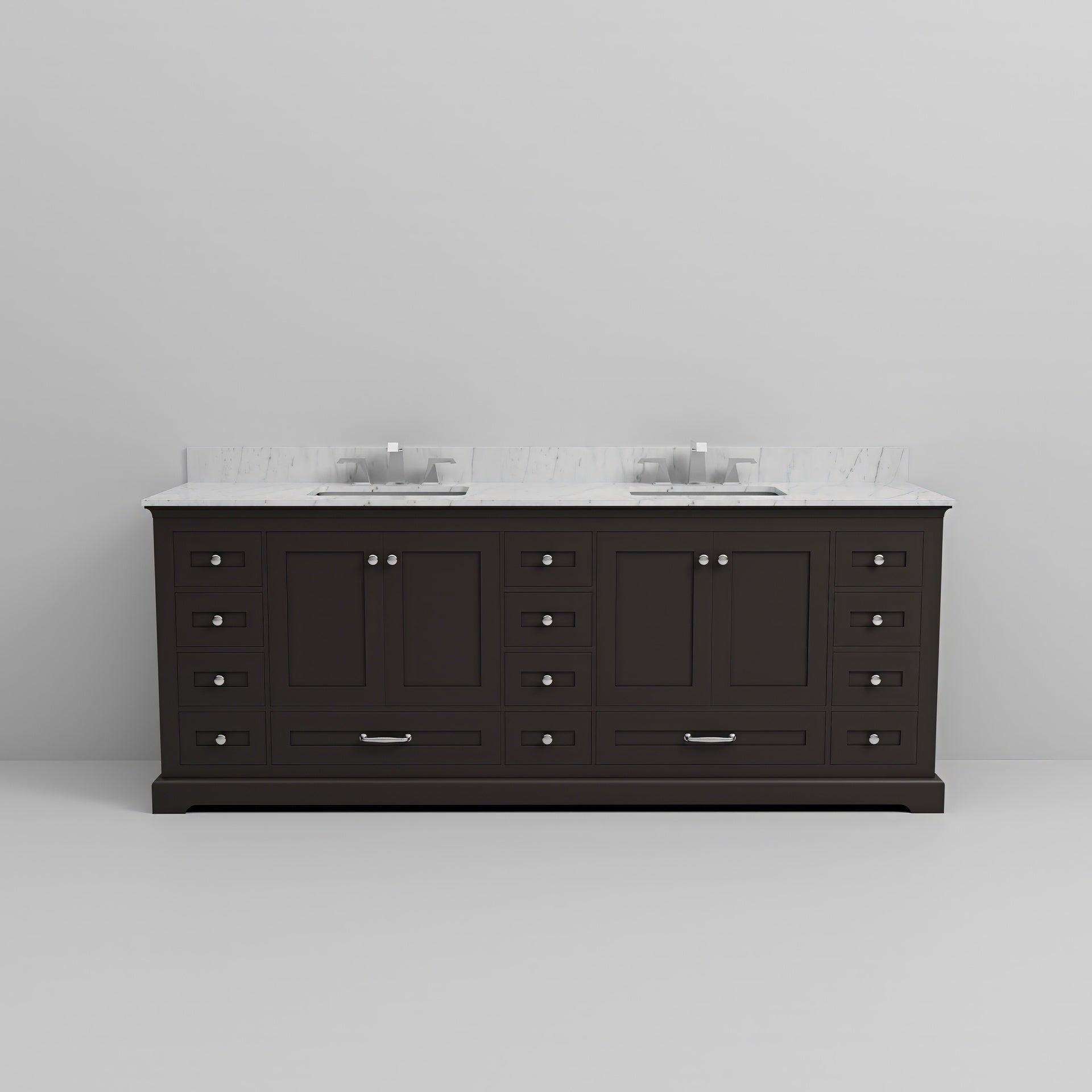 Espresso Double Bath Vanity 84 in. W x 22 in. D, Carrara Marble Top, and Faucet Set