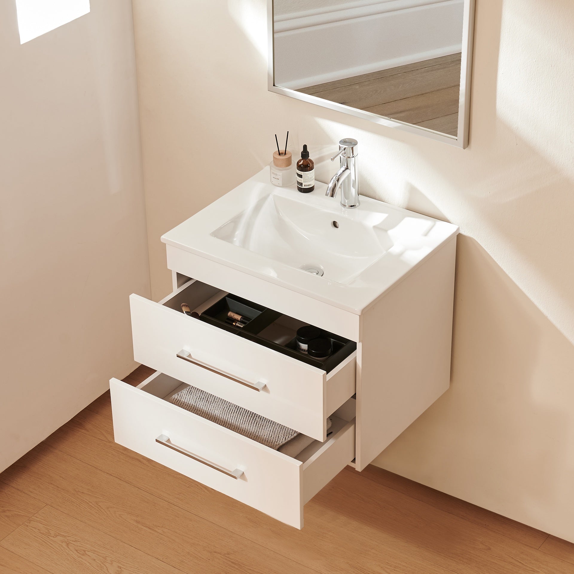 24-Inch White Gloss Wall-Mounted Bathroom Vanity with Double Drawers, Soft-Close System,Ceramic Sink,  Create a Modern and Minimalist Bathroom Space!