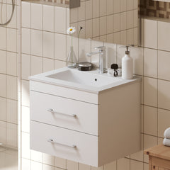 24-Inch White Gloss Wall-Mounted Bathroom Vanity with Double Drawers, Soft-Close System,Ceramic Sink,  Create a Modern and Minimalist Bathroom Space!