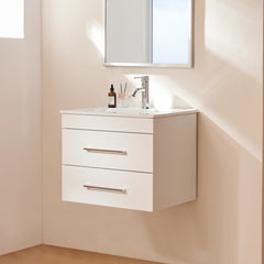 24-Inch White Gloss Wall-Mounted Bathroom Vanity with Double Drawers, Soft-Close System,Ceramic Sink,  Create a Modern and Minimalist Bathroom Space!