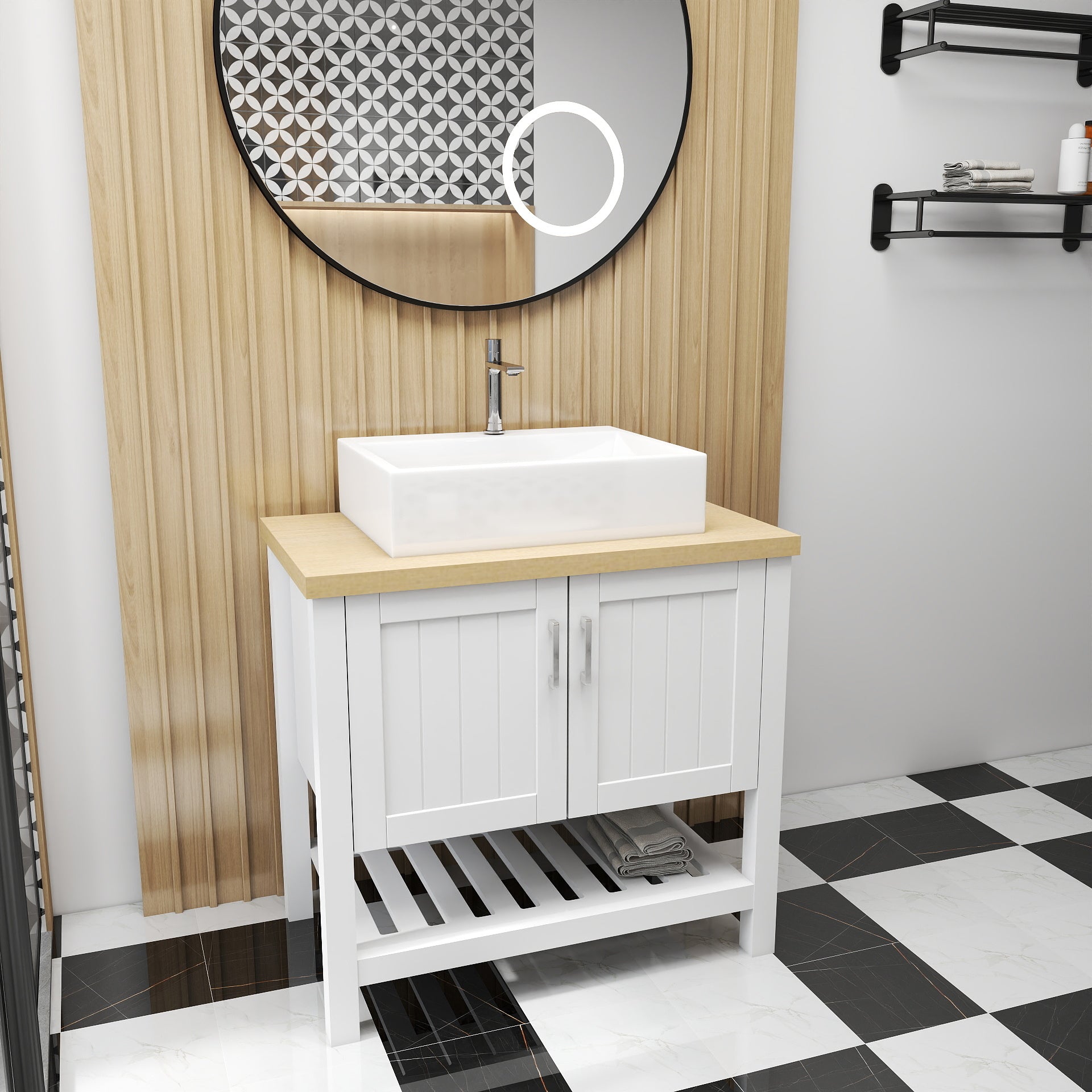 32" Bathroom Vanity with Sink,Single Bathroom Vanities Cabinet with Doors and Open Shelf,Solid Wood Small Vanity with Sink Set,for Bathroom,White+Natural