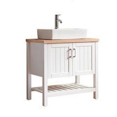 32" Bathroom Vanity with Sink,Single Bathroom Vanities Cabinet with Doors and Open Shelf,Solid Wood Small Vanity with Sink Set,for Bathroom,White+Natural