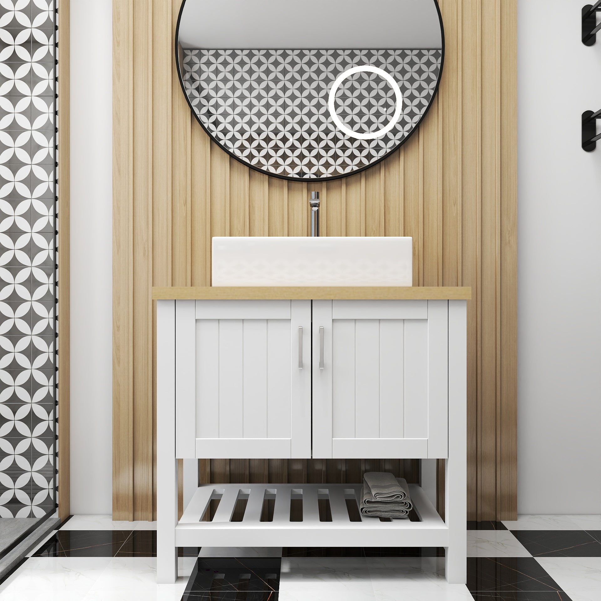 32" Bathroom Vanity with Sink,Single Bathroom Vanities Cabinet with Doors and Open Shelf,Solid Wood Small Vanity with Sink Set,for Bathroom,White+Natural
