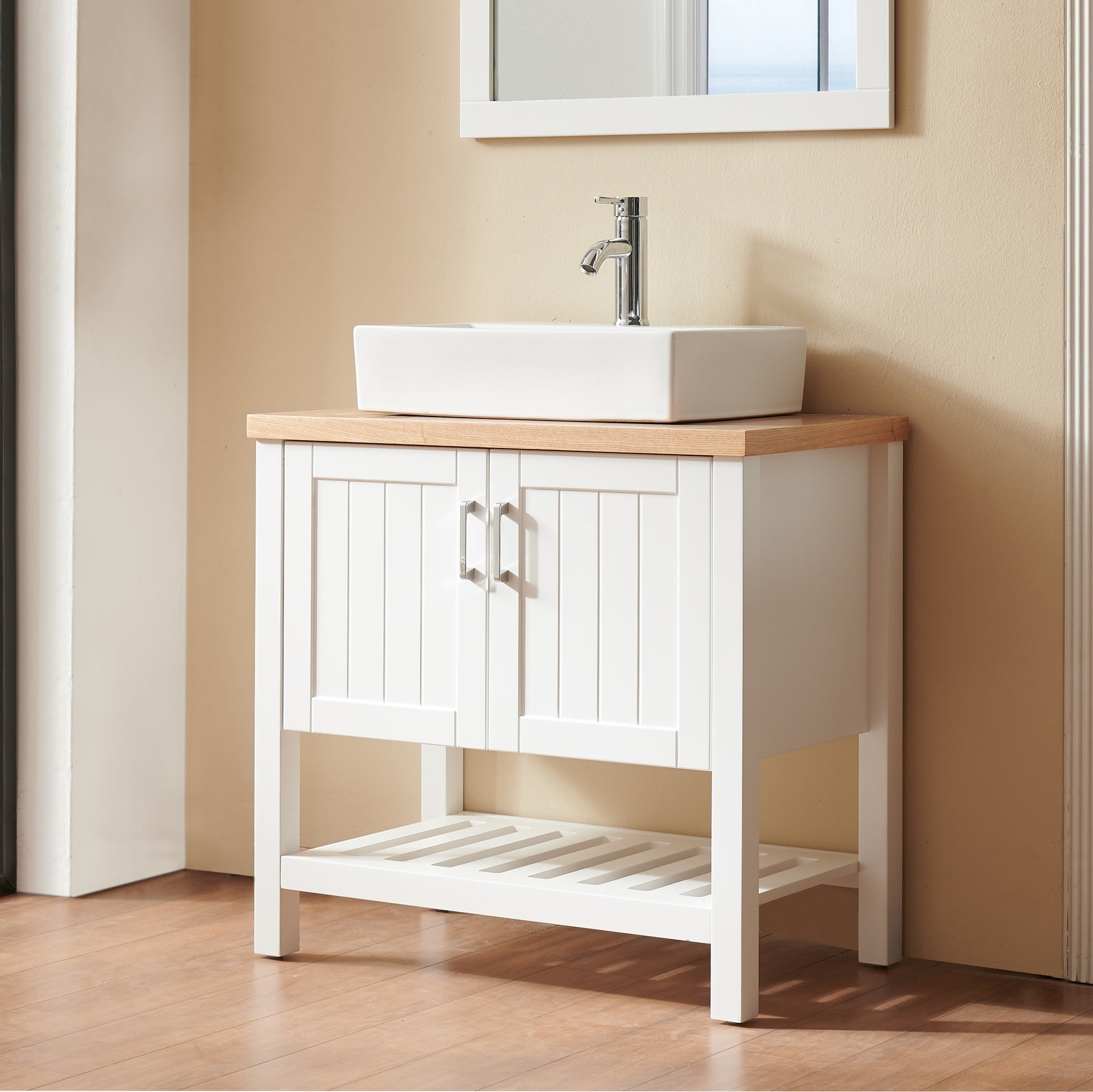 32" Bathroom Vanity with Sink,Single Bathroom Vanities Cabinet with Doors and Open Shelf,Solid Wood Small Vanity with Sink Set,for Bathroom,White+Natural