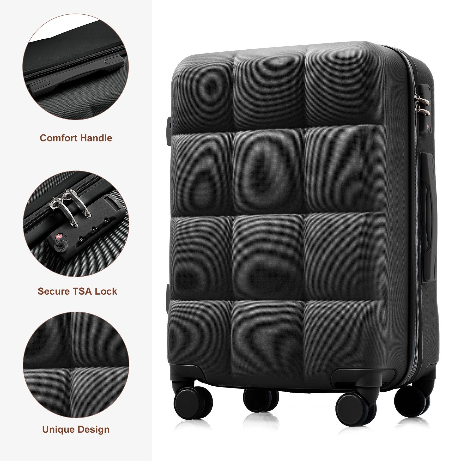 Luggage Sets 4 Piece,  ABS Durable Suitcase with Travel Bag,  Cup Holder, ABS Hard Shell Luggage with Spinner Wheels, black and brown