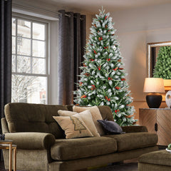 6FT Christmas Tree with 1593 Tips, Red Berries & Pine Cones – Snow-Dusted PE+PVC Branches, Hinged Design for Easy Setup, Sturdy Metal Stand – Full, Natural Holiday Tree Decoration