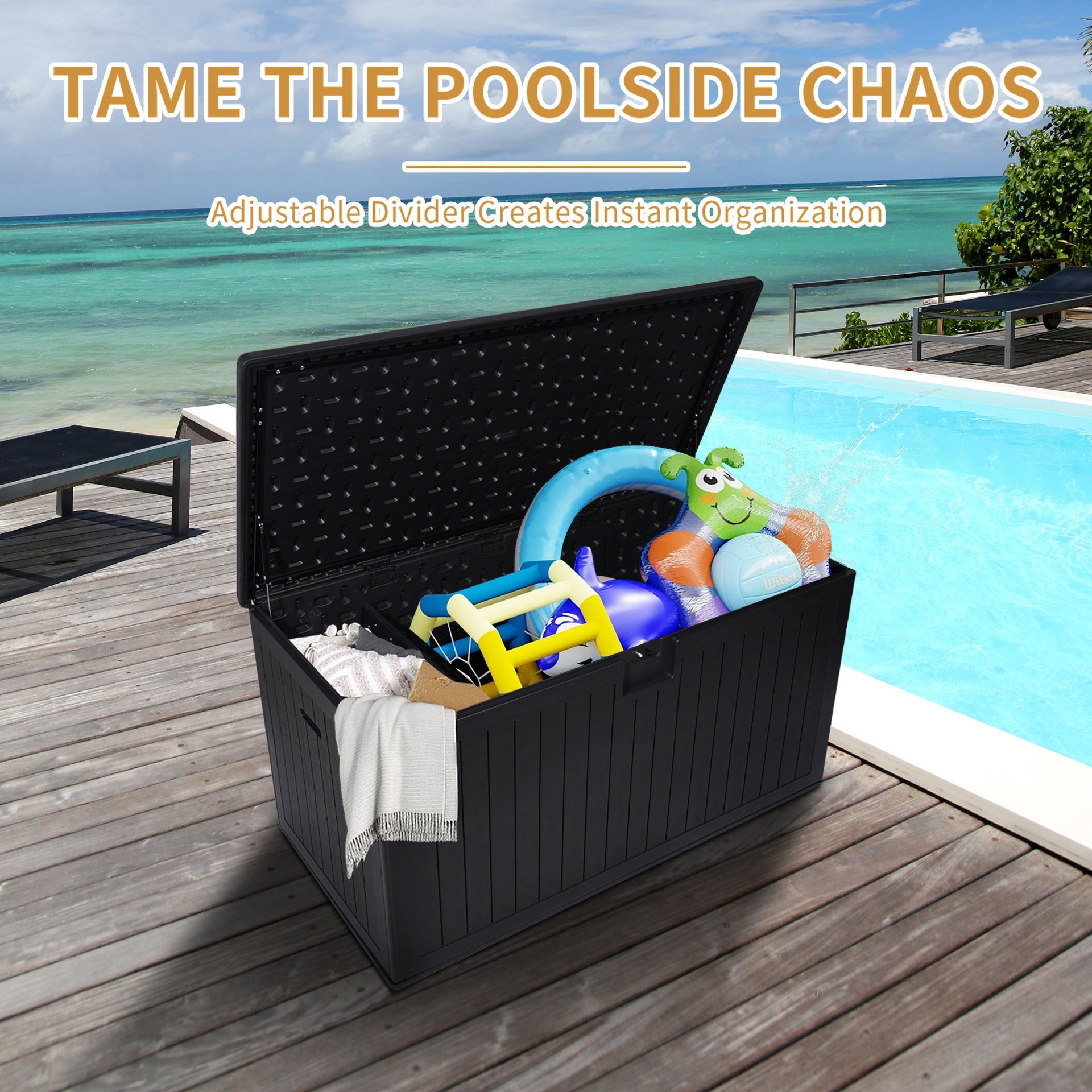 260 Gallon Resin Outdoor Deck Box Waterproof, Extra Large Patio Storage Box with Lockable Storage Containers for Patio Furniture Cushions, Pool Accessories, Garden Tools
