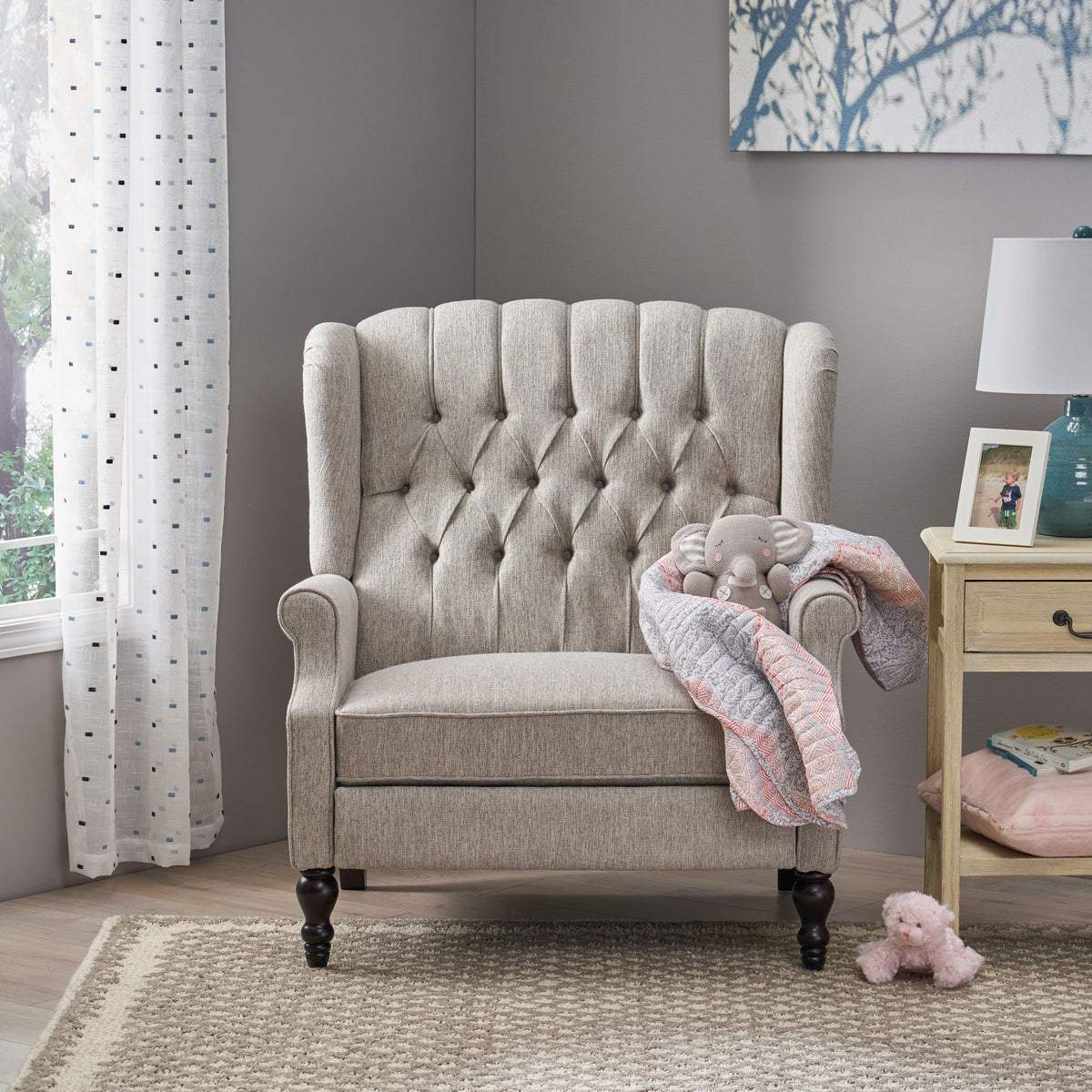 Oversized Tufted Wingback Fabric Push Back Recliner with Nailhead Trim and Button Tufted Diamond Stitch for Living Room, Bedroom