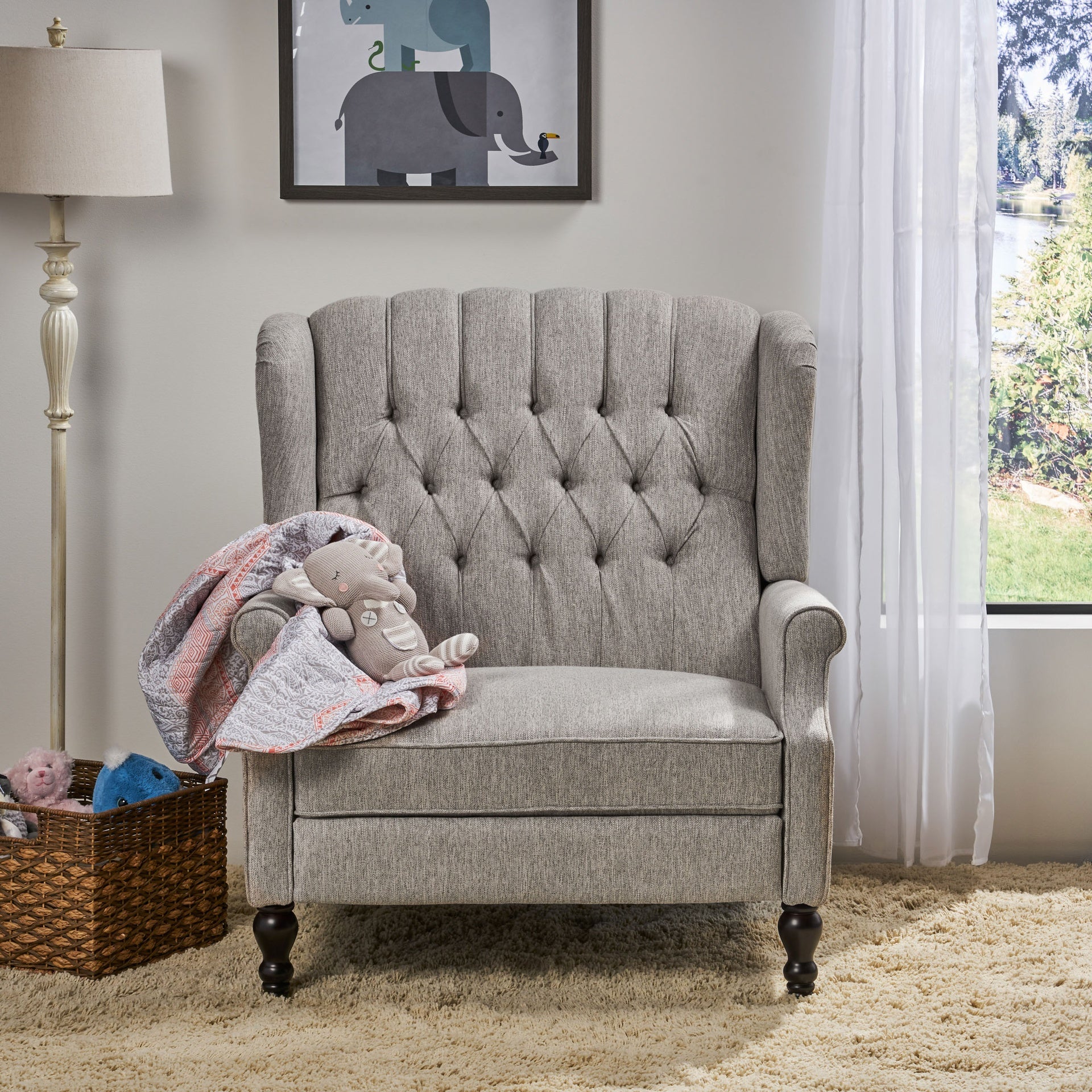 Oversized Tufted Wingback Fabric Push Back Recliner with Nailhead Trim and Button Tufted Diamond Stitch for Living Room, Bedroom