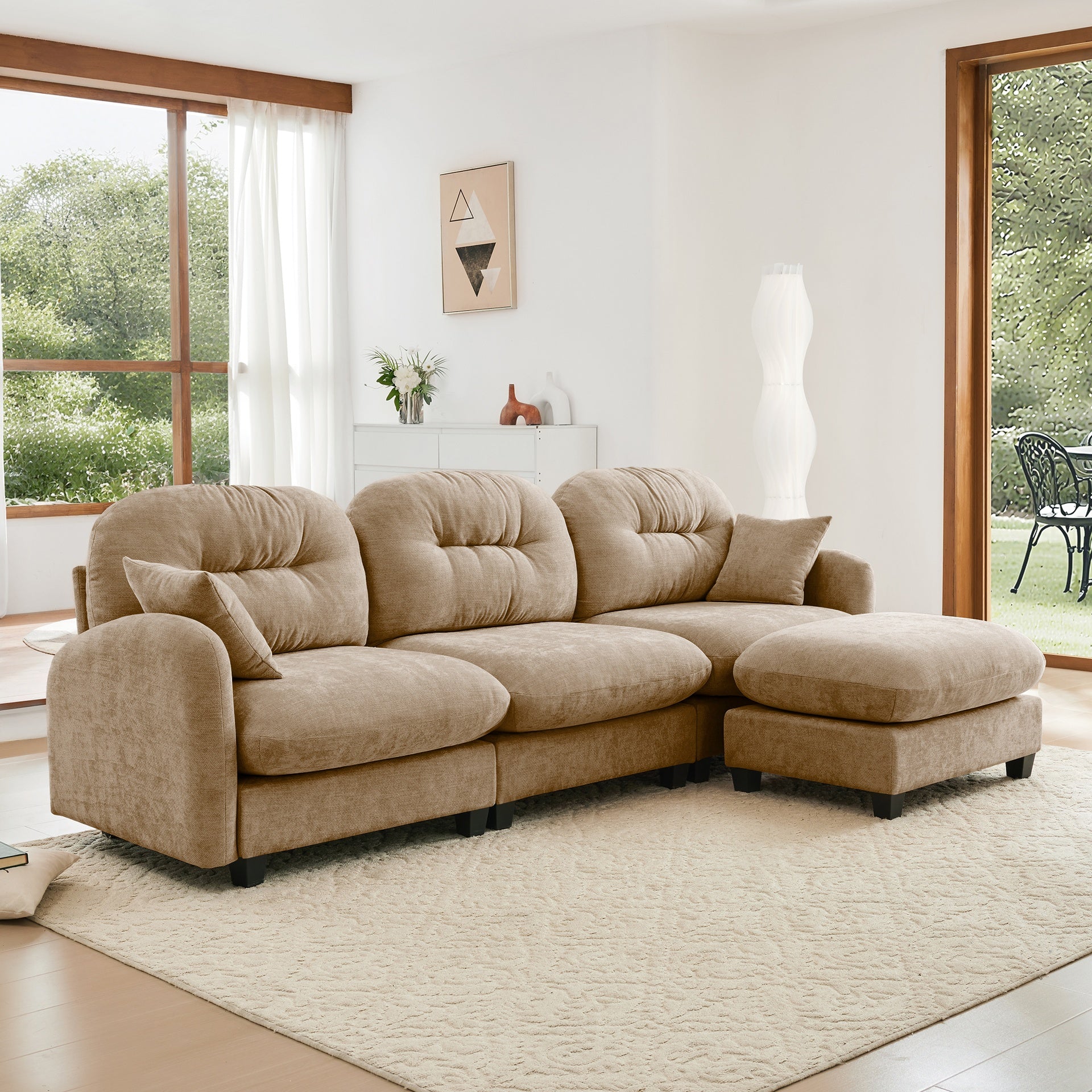 Modular Sectional L Shaped Couch With Ottoman, Premium Chenille Fabric,Tufted Cushion Backrest Design,Ergonomic Design  Easy Install,Fits Bedrooms, Living Rooms Reading Nooks,Camel