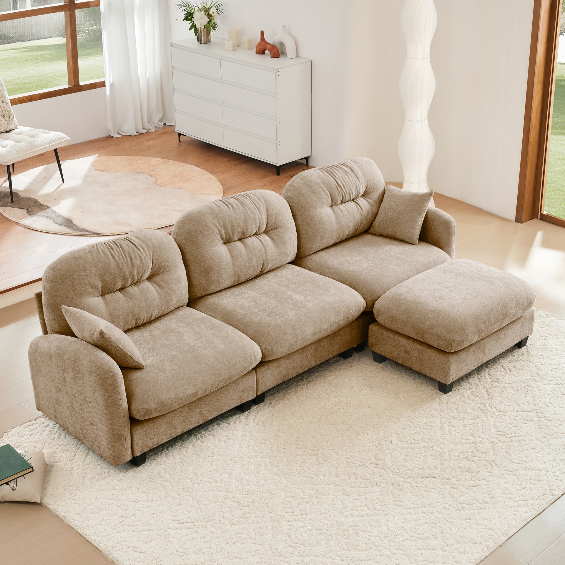 Modular Sectional L Shaped Couch With Ottoman, Premium Chenille Fabric,Tufted Cushion Backrest Design,Ergonomic Design  Easy Install,Fits Bedrooms, Living Rooms Reading Nooks,Camel