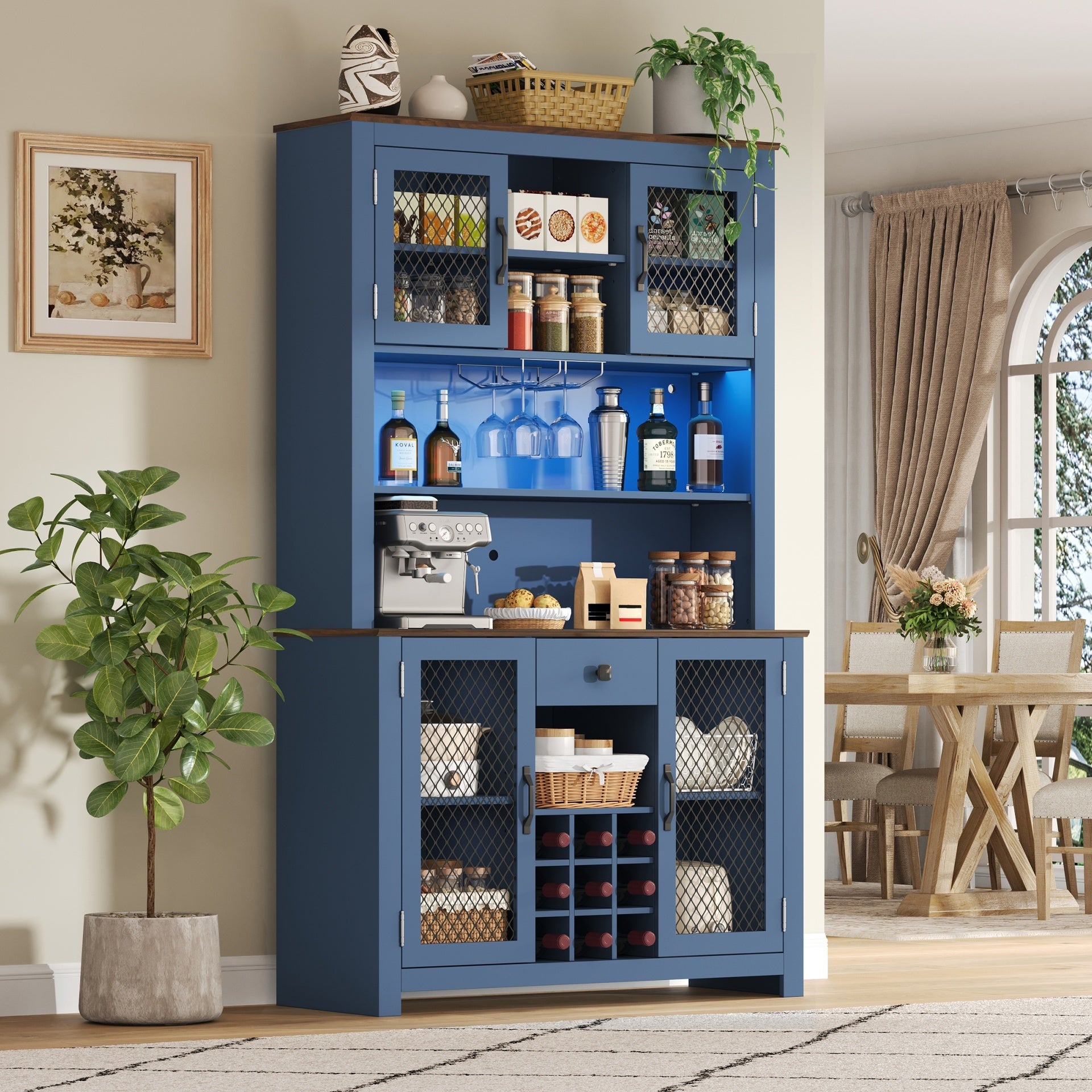 70.9" Kitchen Pantry Storage Cabinet Rustic Buffet Cabinet, Kitchen Hutch Cabinet with LED Outlets Food Pantry Cabinet with Doors and Shelves Wine Rack for Dining Room, Navy Blue