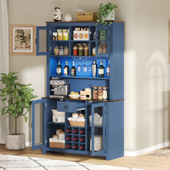 70.9" Kitchen Pantry Storage Cabinet Rustic Buffet Cabinet, Kitchen Hutch Cabinet with LED Outlets Food Pantry Cabinet with Doors and Shelves Wine Rack for Dining Room, Navy Blue