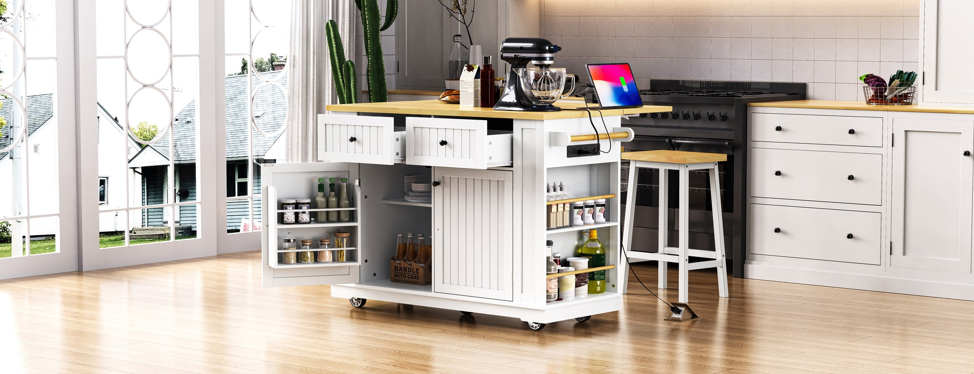 K&K 48 inch Large Kitchen Island with Drop Leaf,Power Outlet,Internal Storage Rack,Rolling Kitchen Storage Cart on 5 Wheels with 5 Open Side Racks for Kitchen,White (Two Packages)(Not Include Stools)