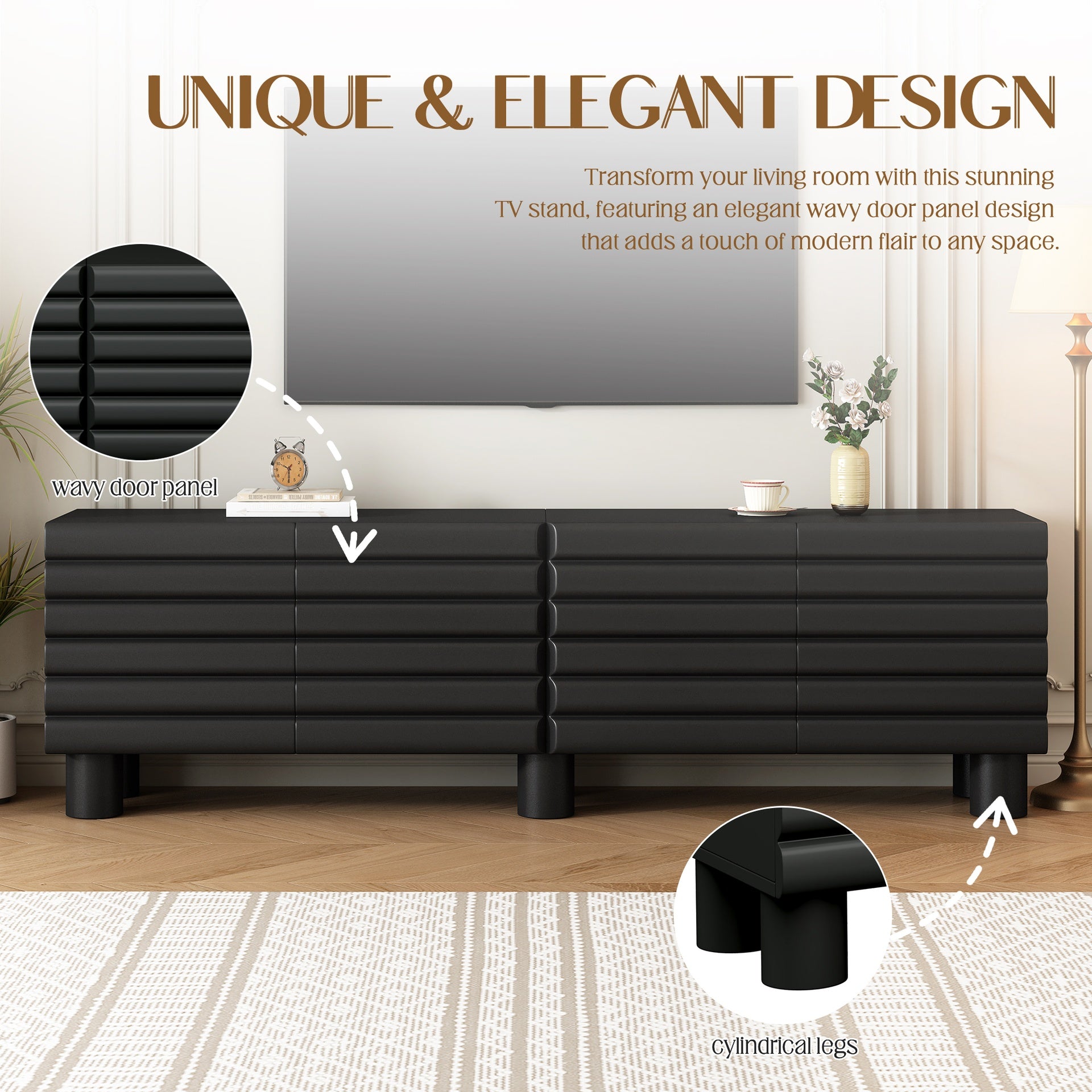 Stylish Thick Wavy Door TV Cabinet with Adjustable Shelves, Cream Style TV Stand with 4 Cabinets for TVs Up to 75", Solid Media Console with Cylindrical Legs and Cable Holes for Living Room, Black