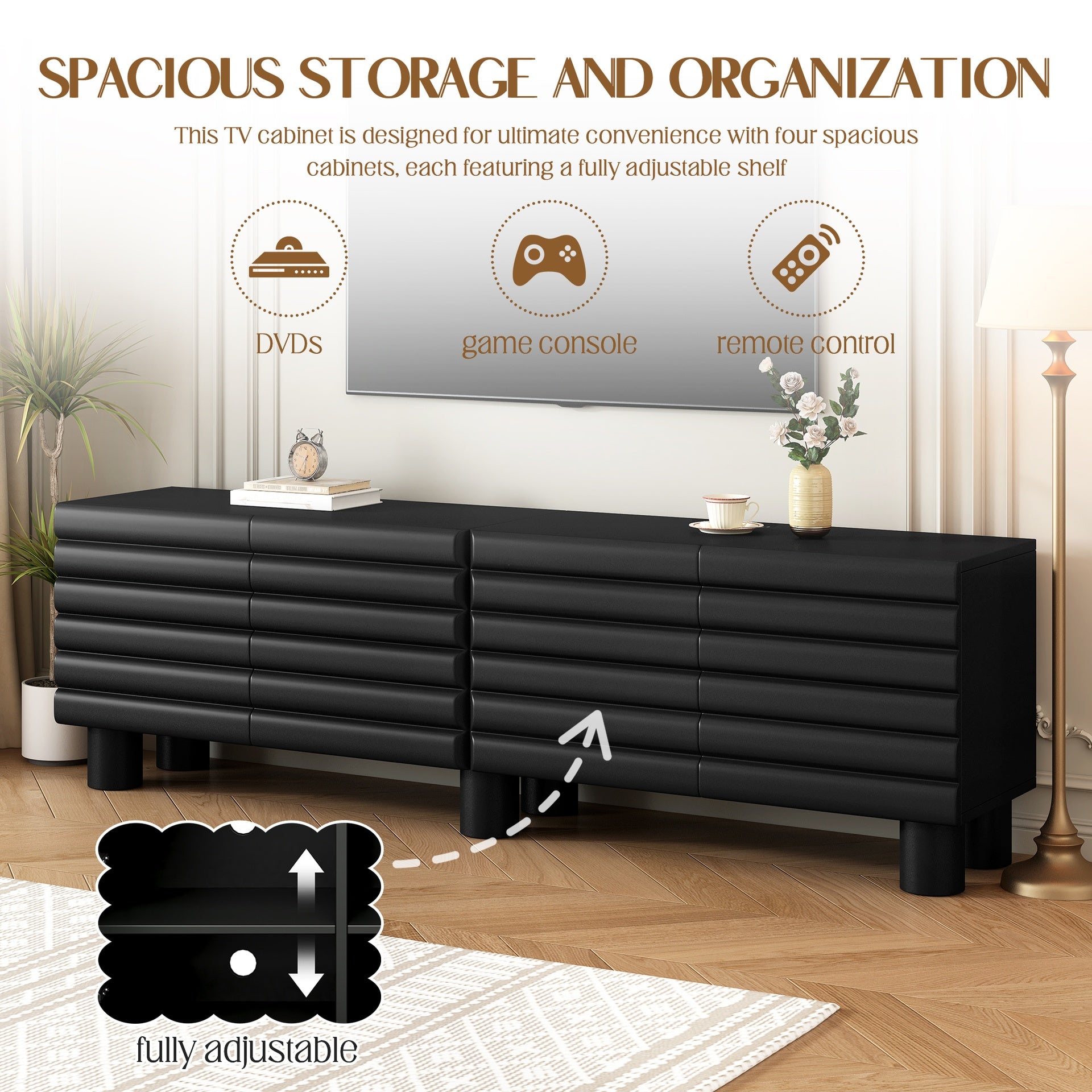 Stylish Thick Wavy Door TV Cabinet with Adjustable Shelves, Cream Style TV Stand with 4 Cabinets for TVs Up to 75", Solid Media Console with Cylindrical Legs and Cable Holes for Living Room, Black