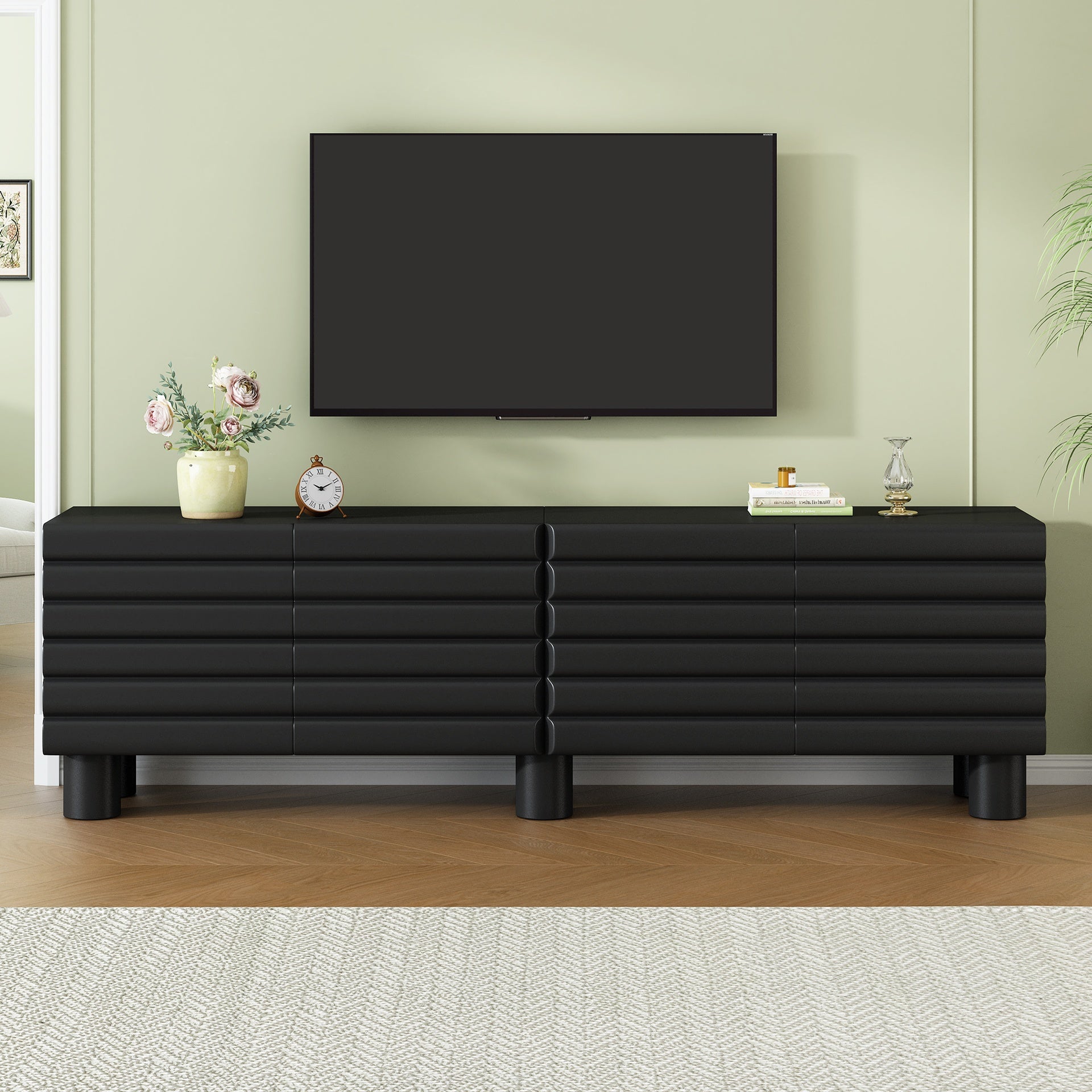 Stylish Thick Wavy Door TV Cabinet with Adjustable Shelves, Cream Style TV Stand with 4 Cabinets for TVs Up to 75", Solid Media Console with Cylindrical Legs and Cable Holes for Living Room, Black