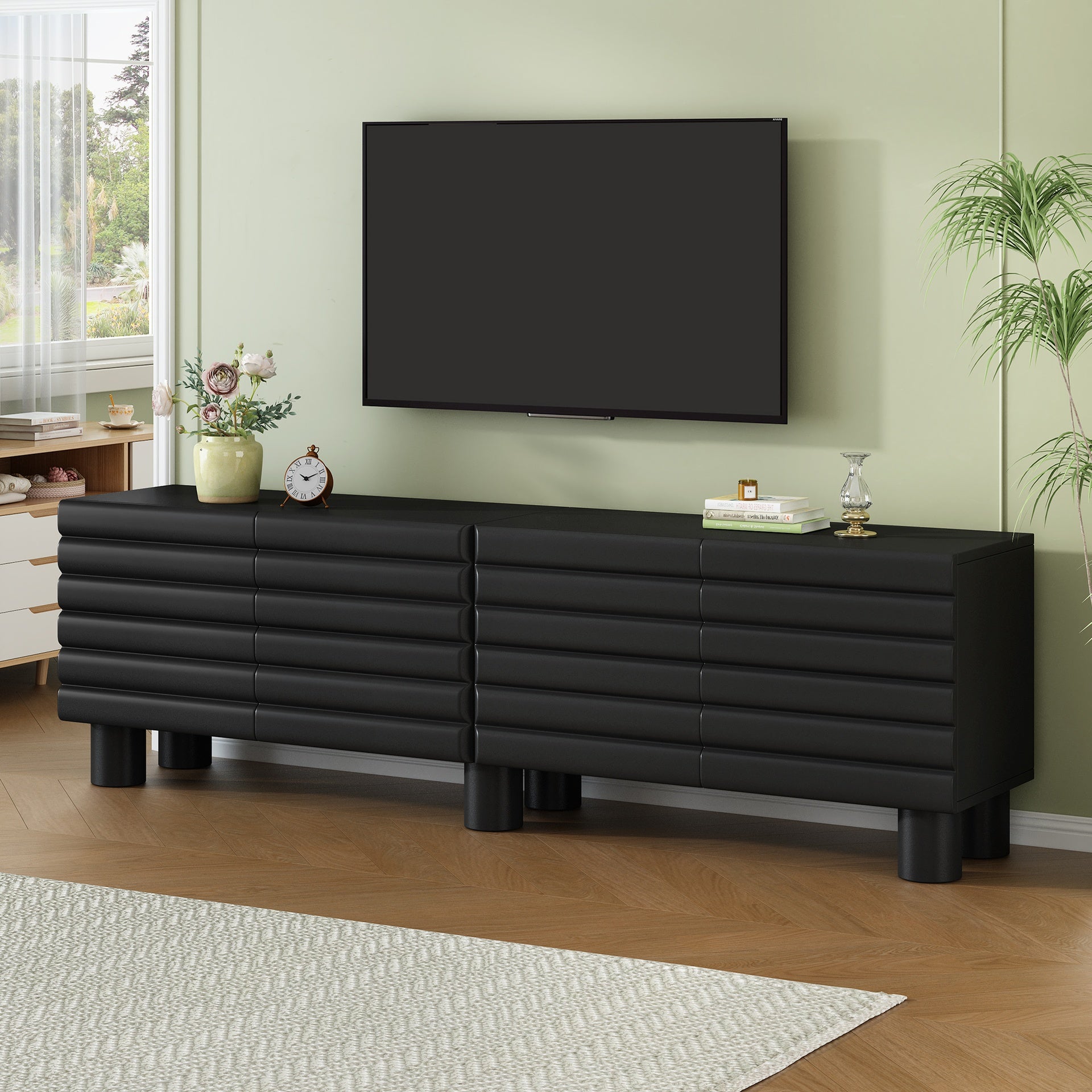 Stylish Thick Wavy Door TV Cabinet with Adjustable Shelves, Cream Style TV Stand with 4 Cabinets for TVs Up to 75", Solid Media Console with Cylindrical Legs and Cable Holes for Living Room, Black
