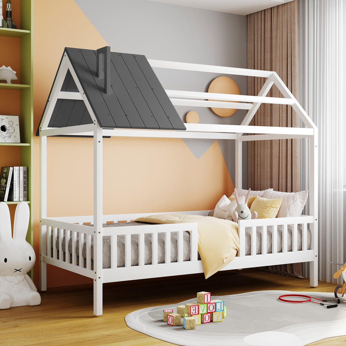 Twin Size Wood House Bed with Fence,White+Gray