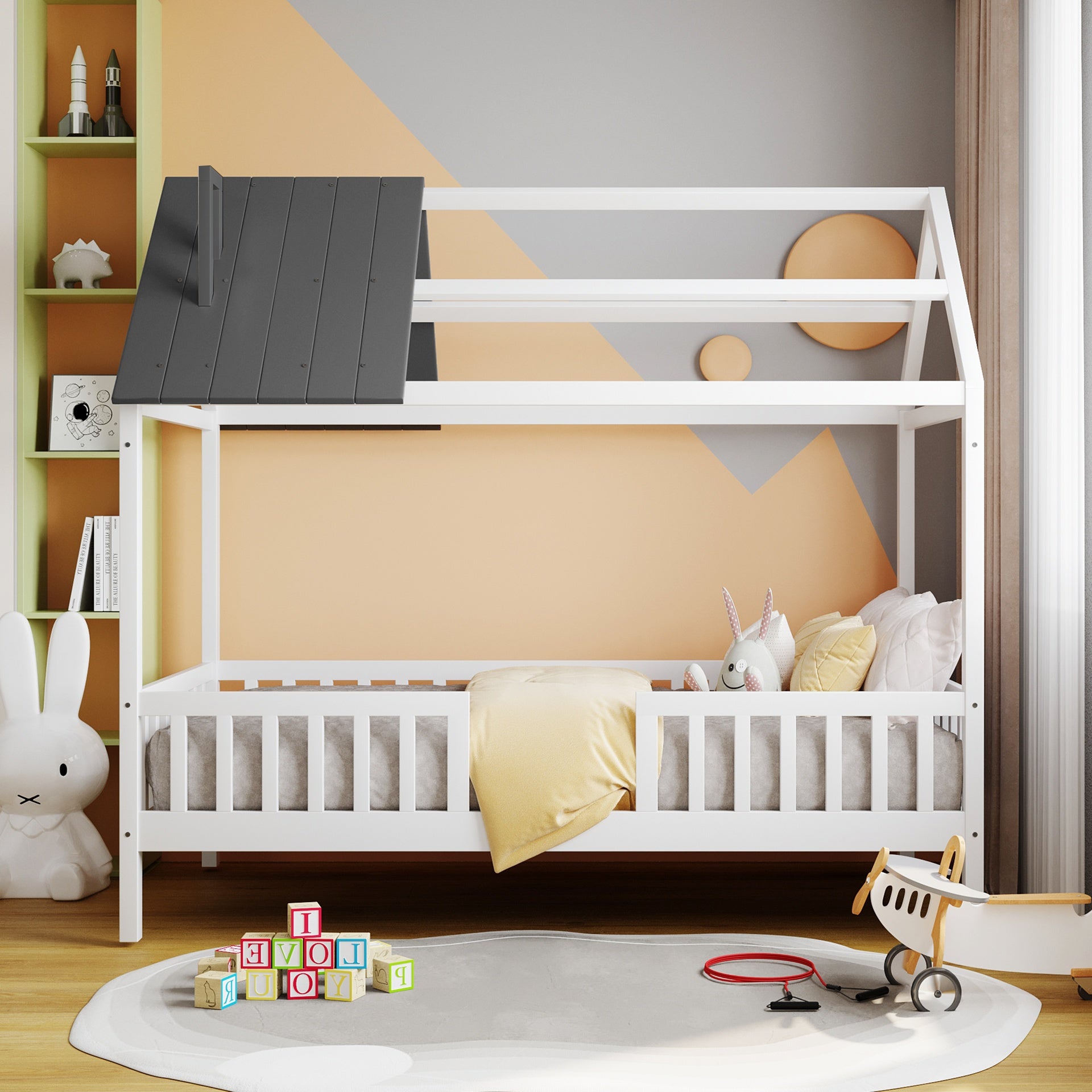 Twin Size Wood House Bed with Fence,White+Gray