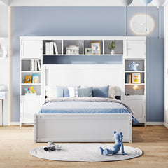 Full Size Wooden Bed With All-in-One Cabinet, Shelf and Sockets,Twin Size Trundle, White