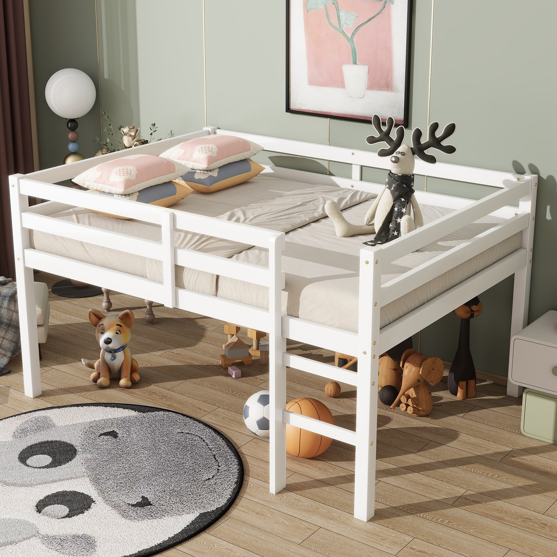 Full Rubber Wood Loft Bed with Ladder,White
