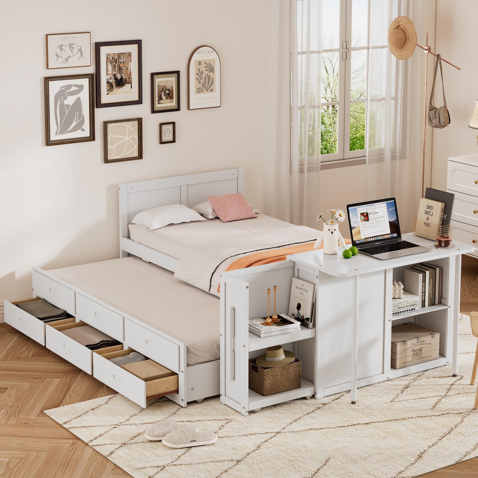 Twin Size Multifunctional Wood Platform Bed with Desk and Storage Shelf at the End of the Bed, Built-in Trundle and 3 Drawers, White