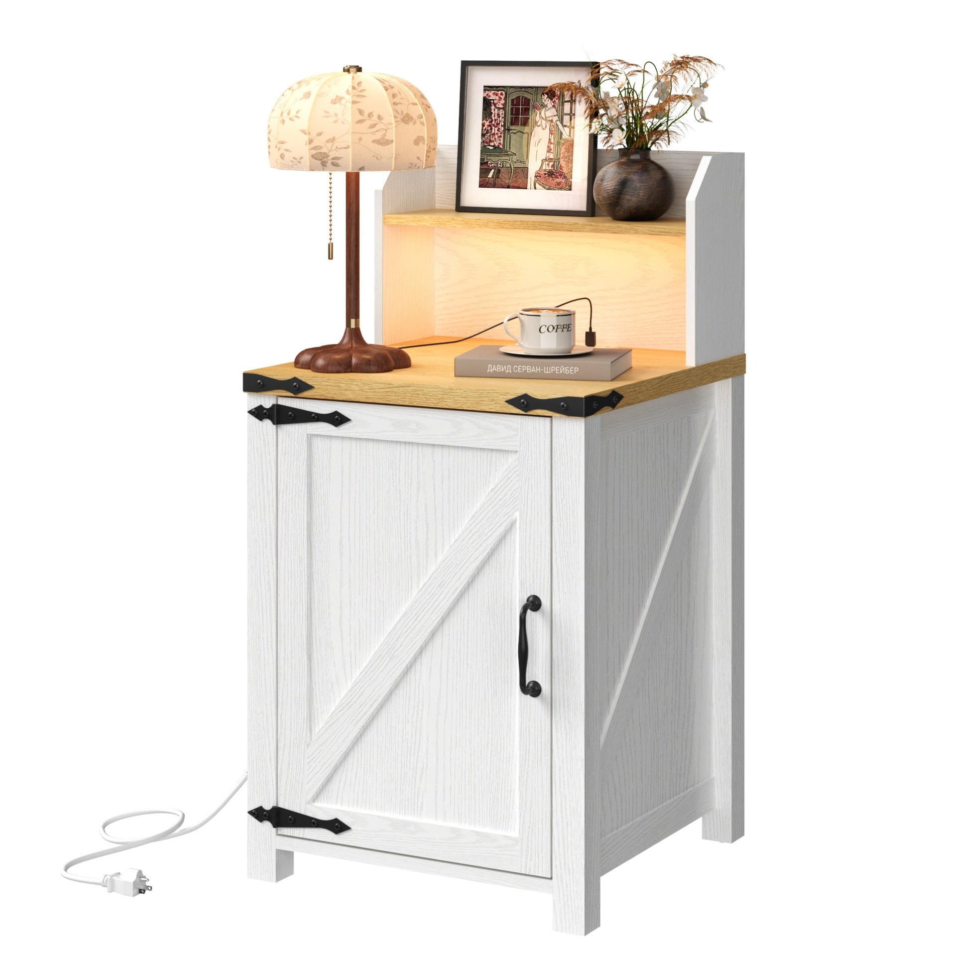 OKD Nightstand with Charging Station, 18 Inch Farmhouse End Table with Barn Door and Adjustable Storage Shelf, Rustic Wood Sofa Side Table w/Magnetic Door for Living Room, Bedroom, Antique White