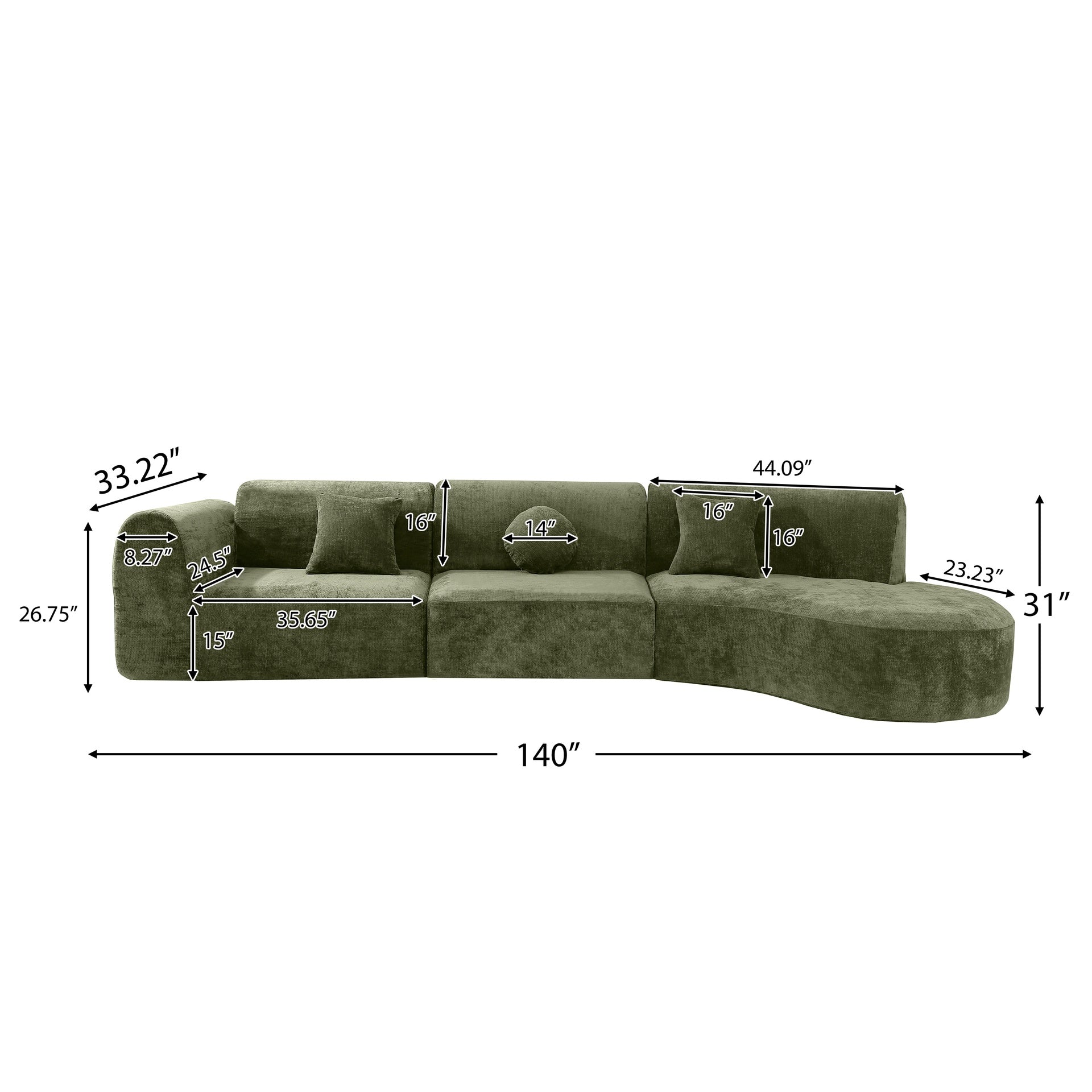 140" Modern Curved Sectional Sofa with High-Density Fully Compressed Sponge and Chaise Lounge, 3-Piece Set, Fully Assembled Right Hand Facing, Perfect for Living Room, Lounge