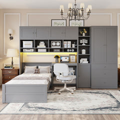 Wooden Twin Size Platform Bed with Desk, Wardrobe, Cabinets, Drawers, and Shelves, Gray