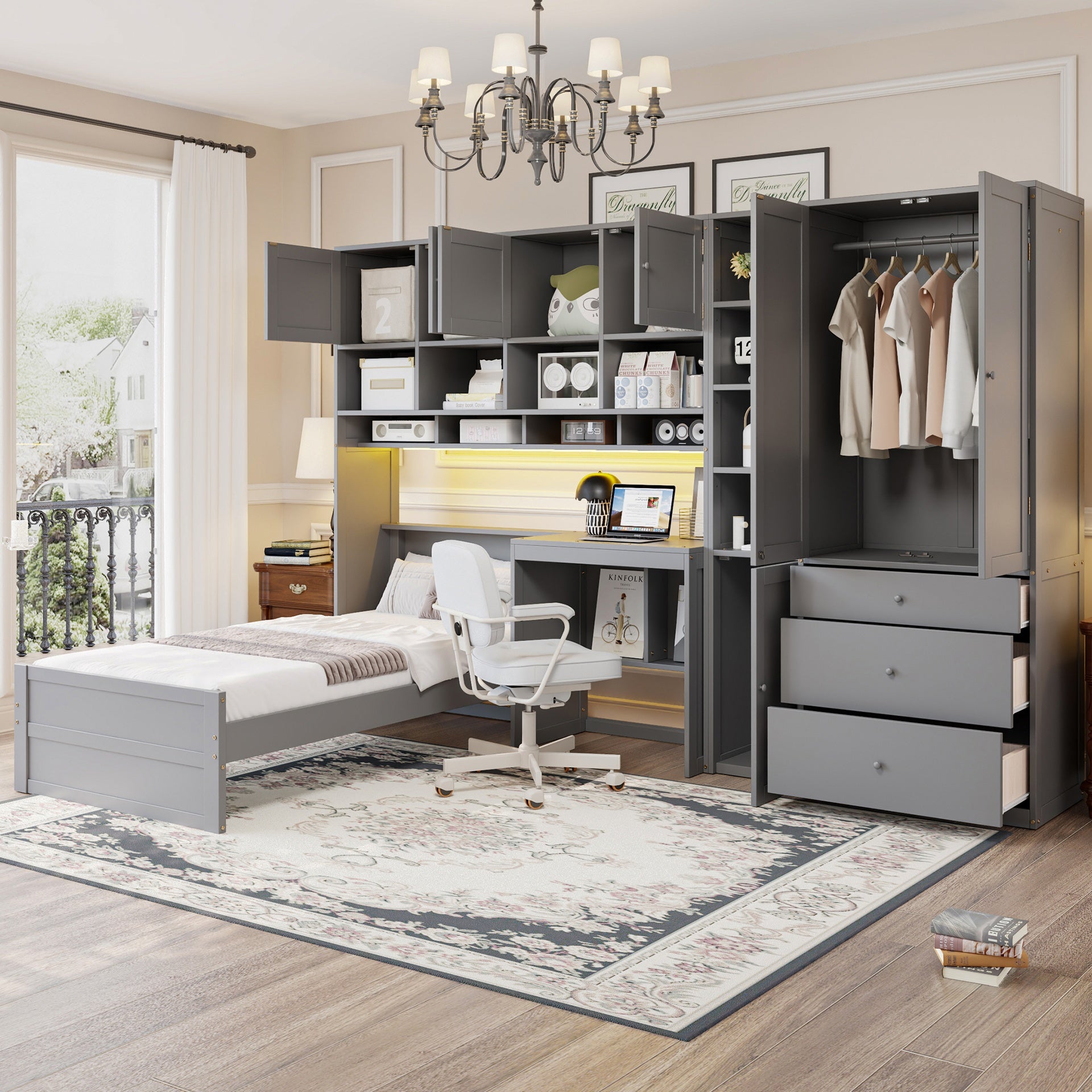 Wooden Twin Size Platform Bed with Desk, Wardrobe, Cabinets, Drawers, and Shelves, Gray