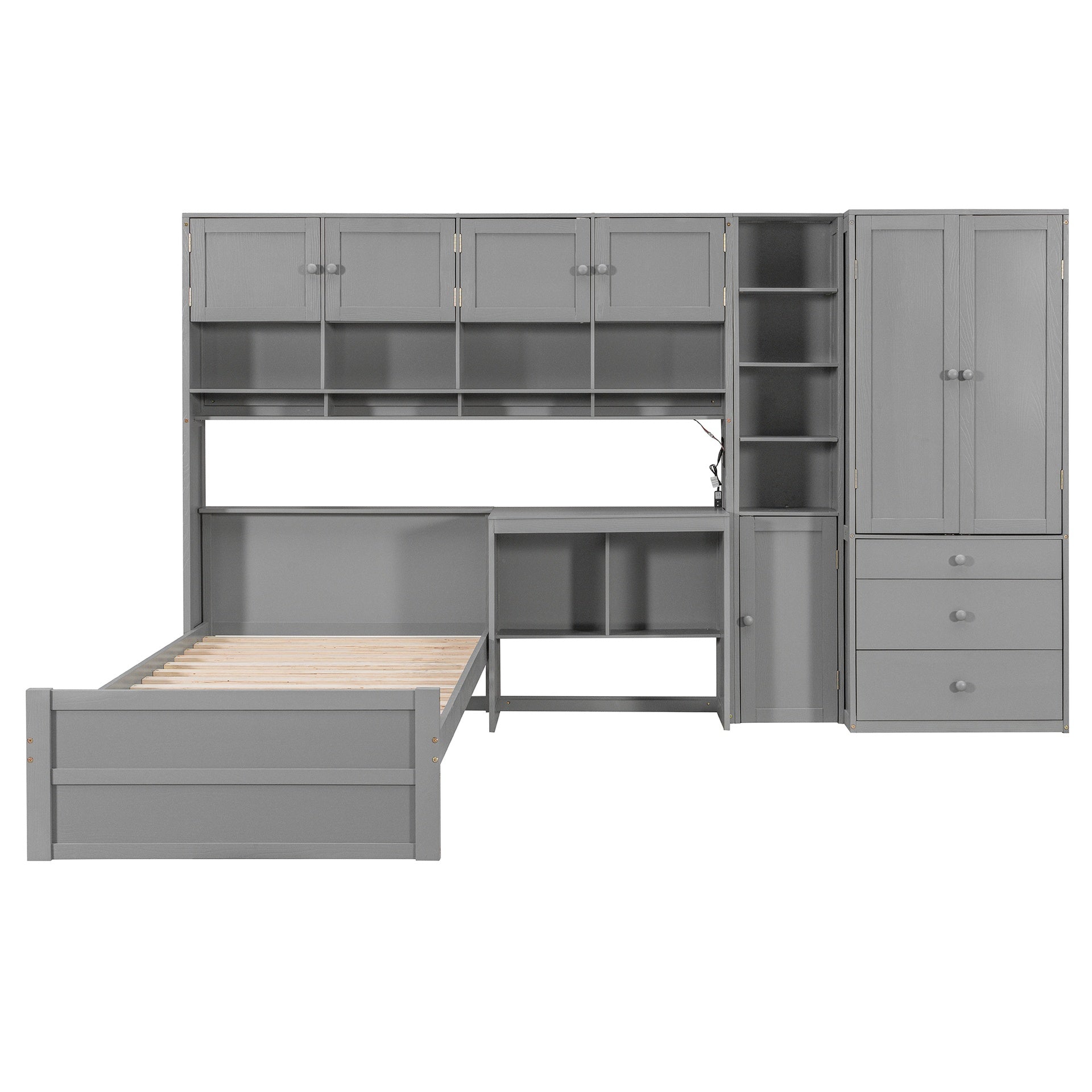 Wooden Twin Size Platform Bed with Desk, Wardrobe, Cabinets, Drawers, and Shelves, Gray