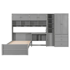 Wooden Twin Size Platform Bed with Desk, Wardrobe, Cabinets, Drawers, and Shelves, Gray
