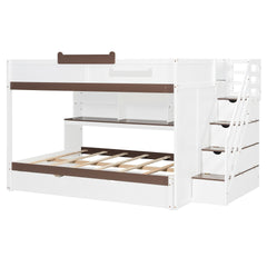 Full Over Full Bunk Bed with Twin Size Trundle and Staircase, Shelves, LED,White
