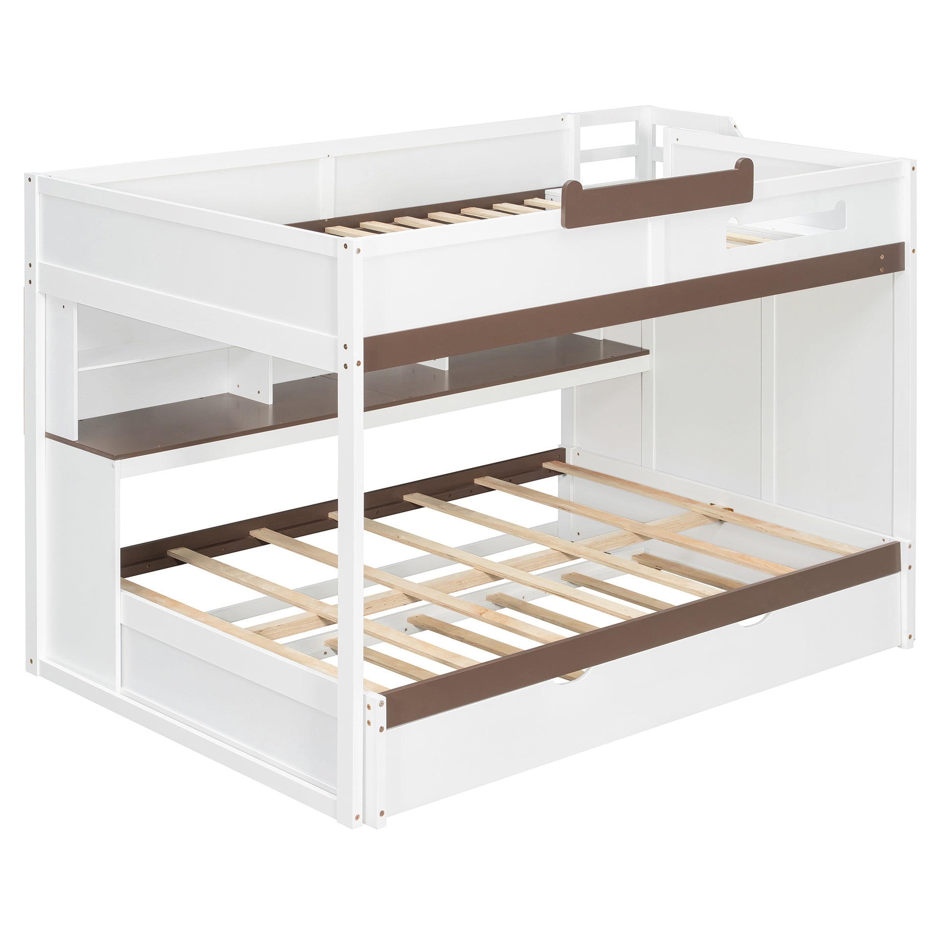 Full Over Full Bunk Bed with Twin Size Trundle and Staircase, Shelves, LED,White
