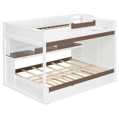 Full Over Full Bunk Bed with Twin Size Trundle and Staircase, Shelves, LED,White