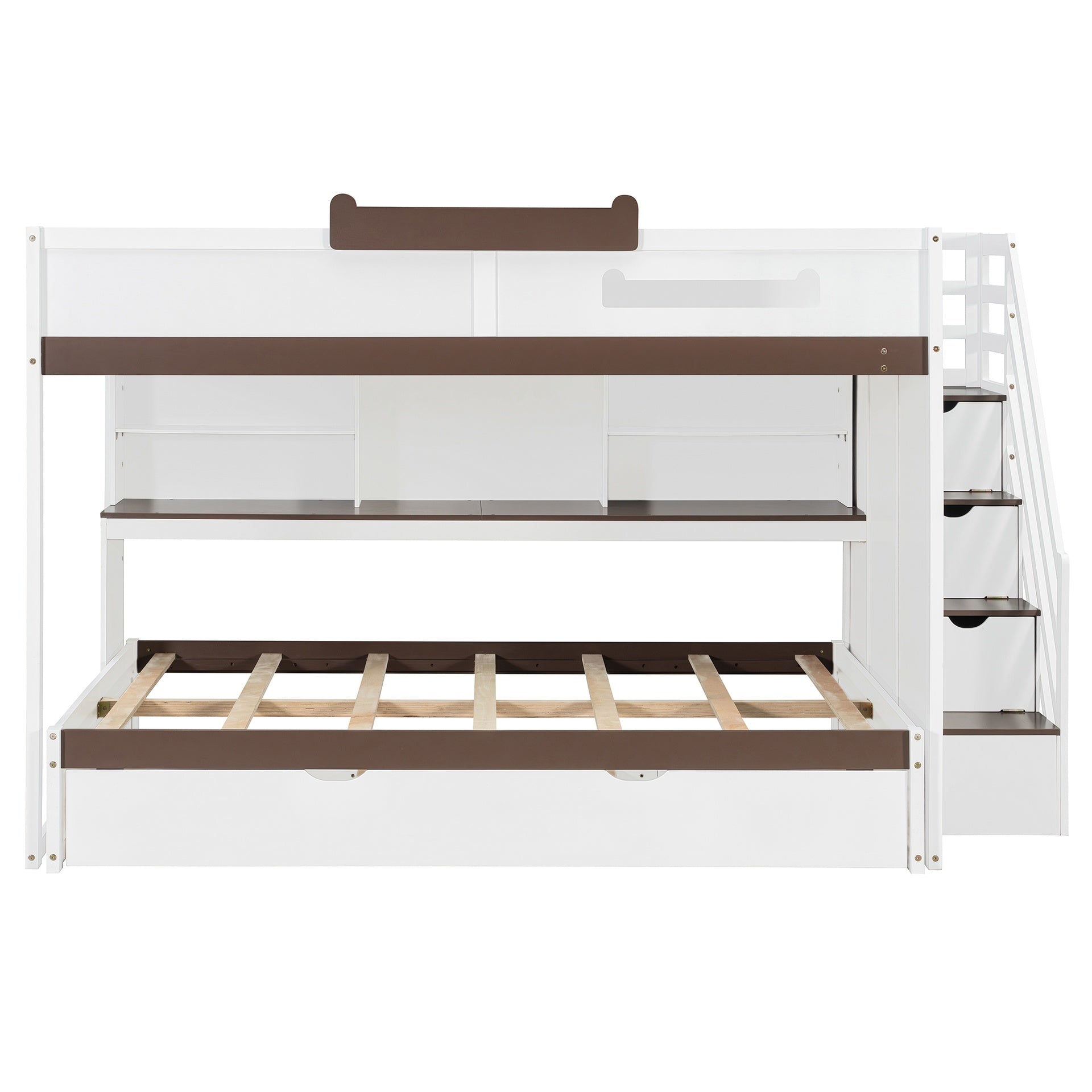 Full Over Full Bunk Bed with Twin Size Trundle and Staircase, Shelves, LED,White