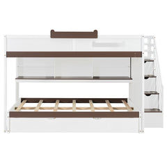 Full Over Full Bunk Bed with Twin Size Trundle and Staircase, Shelves, LED,White