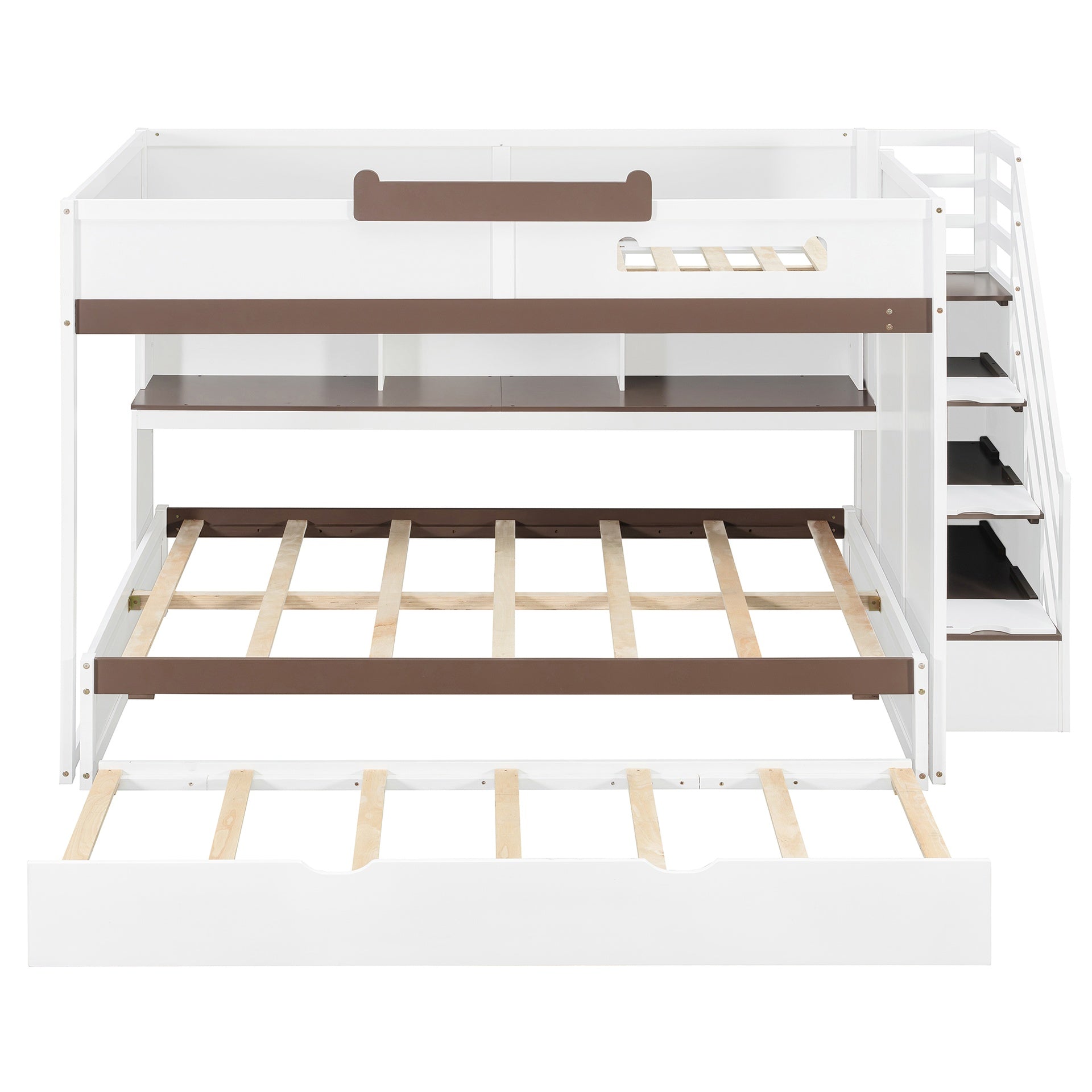 Full Over Full Bunk Bed with Twin Size Trundle and Staircase, Shelves, LED,White