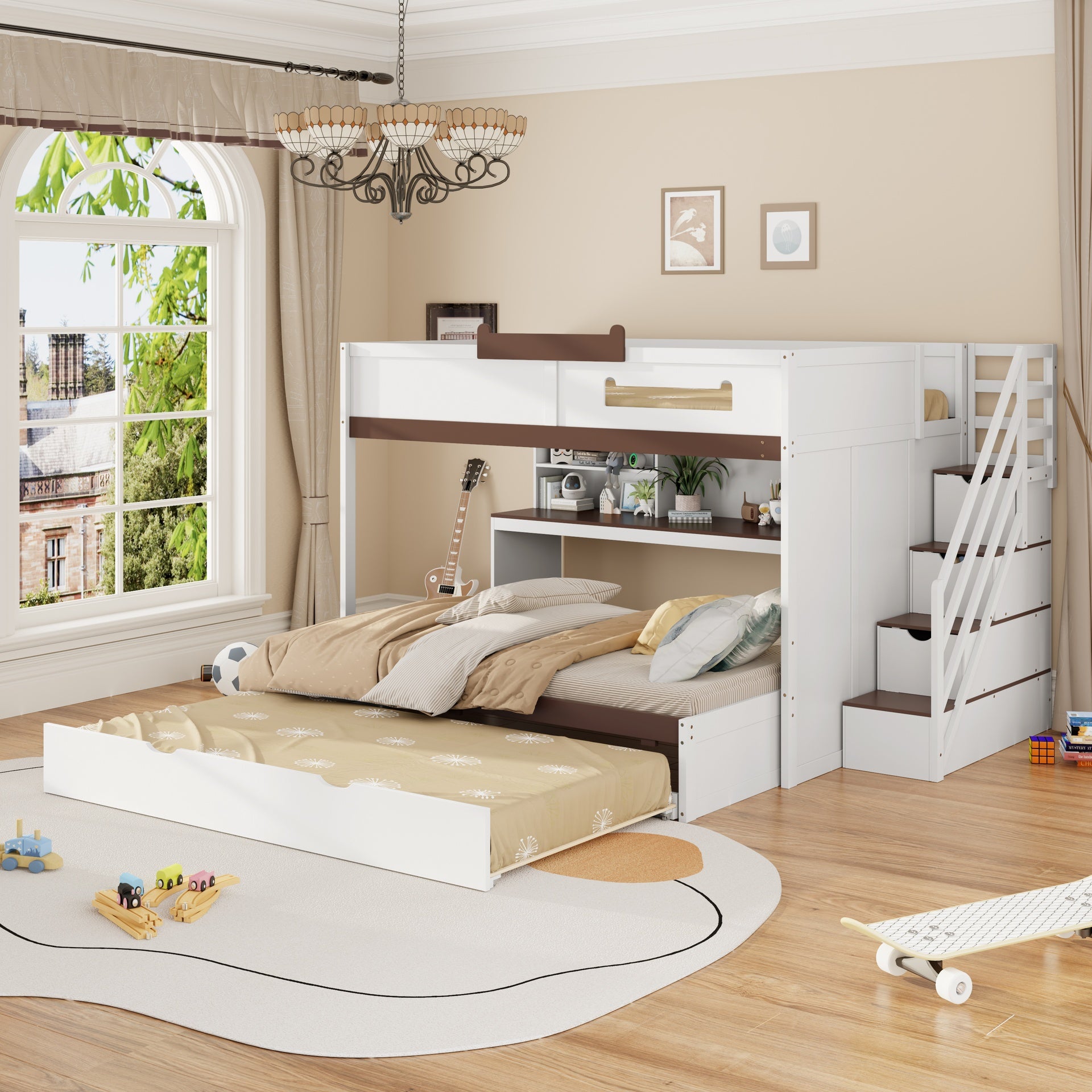 Full Over Full Bunk Bed with Twin Size Trundle and Staircase, Shelves, LED,White