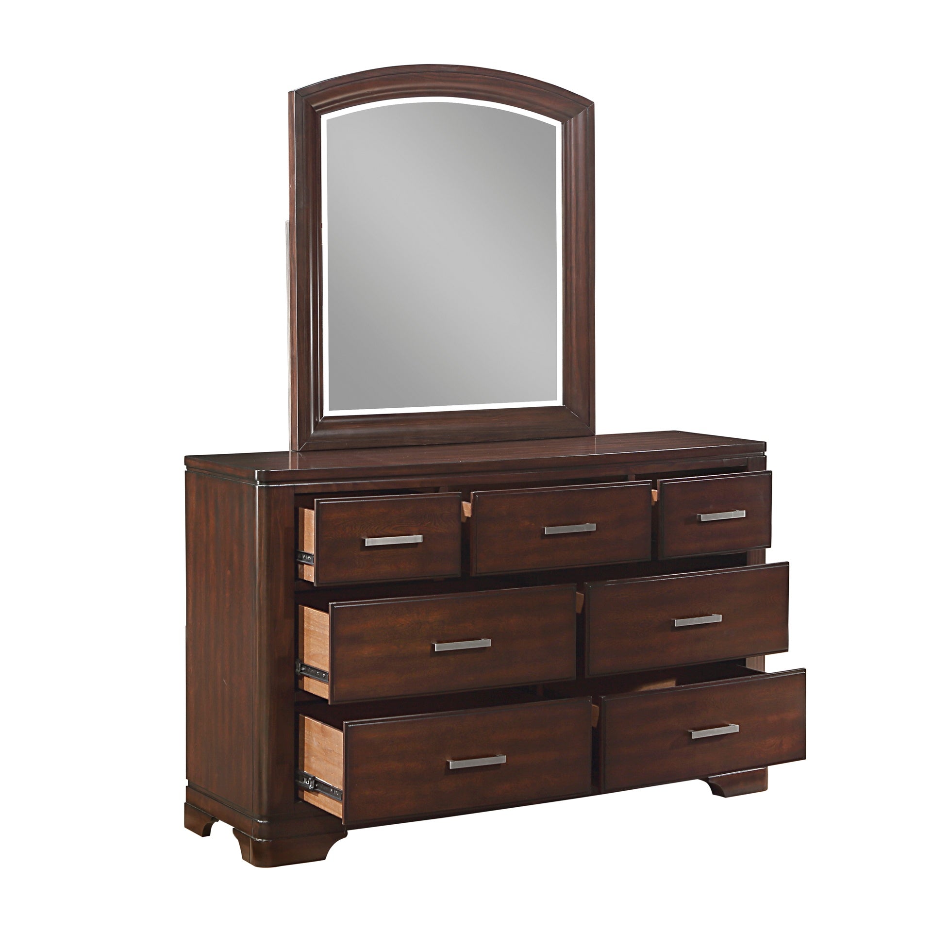 Modern Cherry Finish Dresser Mirror Set Curve Design with 7x Drawers Smooth Glides Transitional Bedroom Furniture 1pc