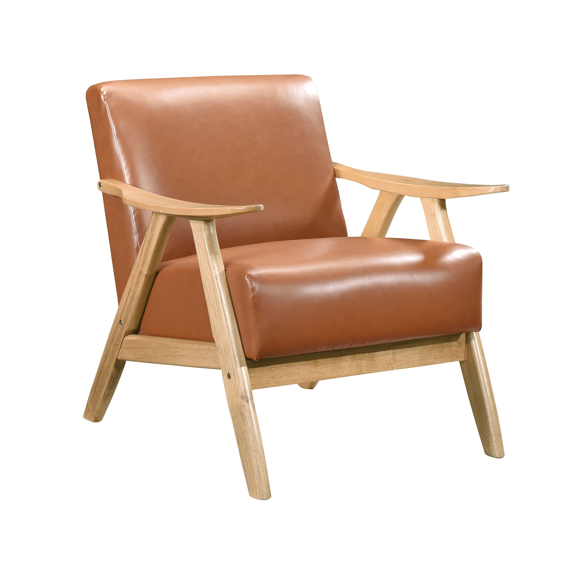 Modern Home Furniture Matt Brown Faux Leather Upholstered 1pc Accent Chair Cushion Back and Seat Natural Finish Solid Rubberwood