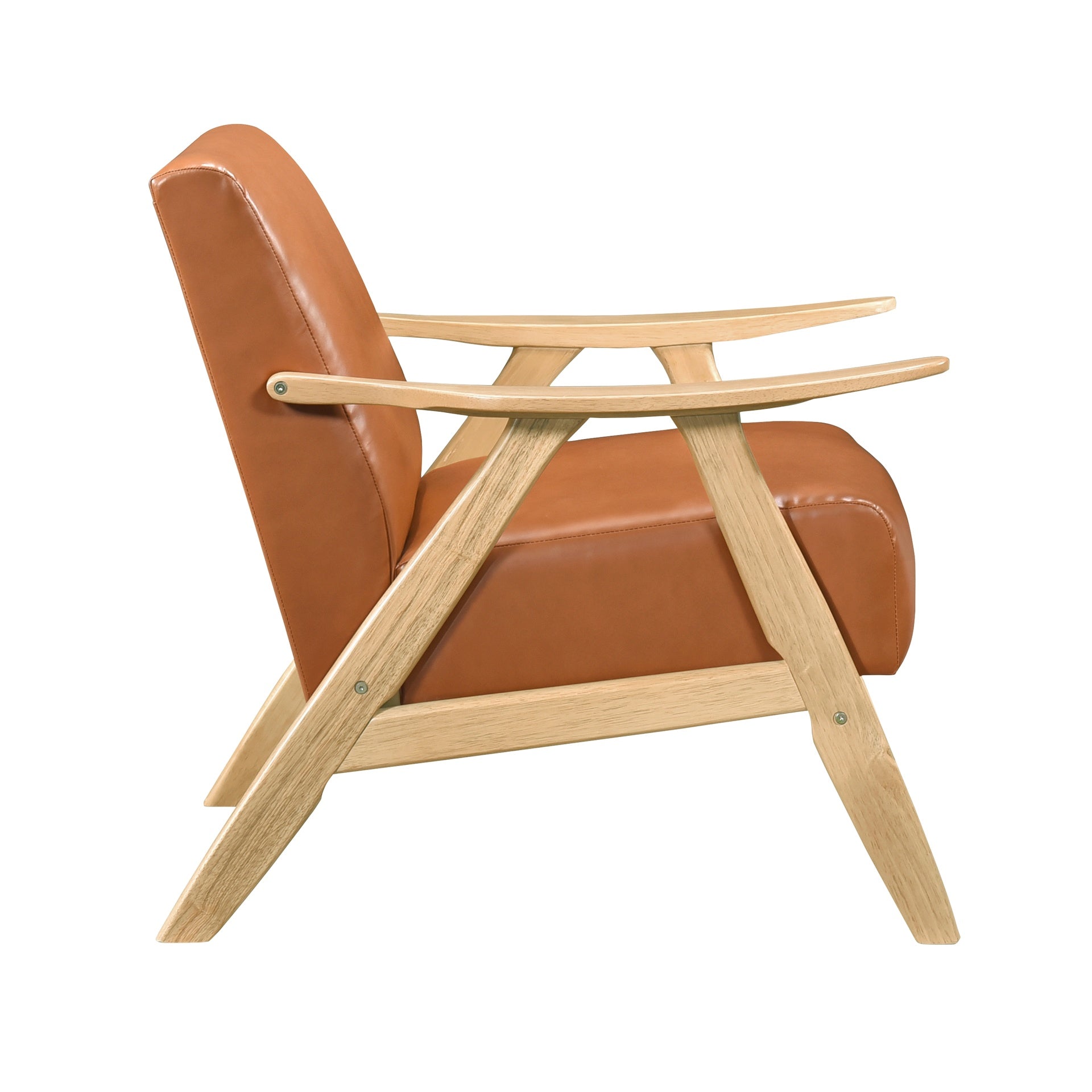 Modern Home Furniture Matt Brown Faux Leather Upholstered 1pc Accent Chair Cushion Back and Seat Natural Finish Solid Rubberwood