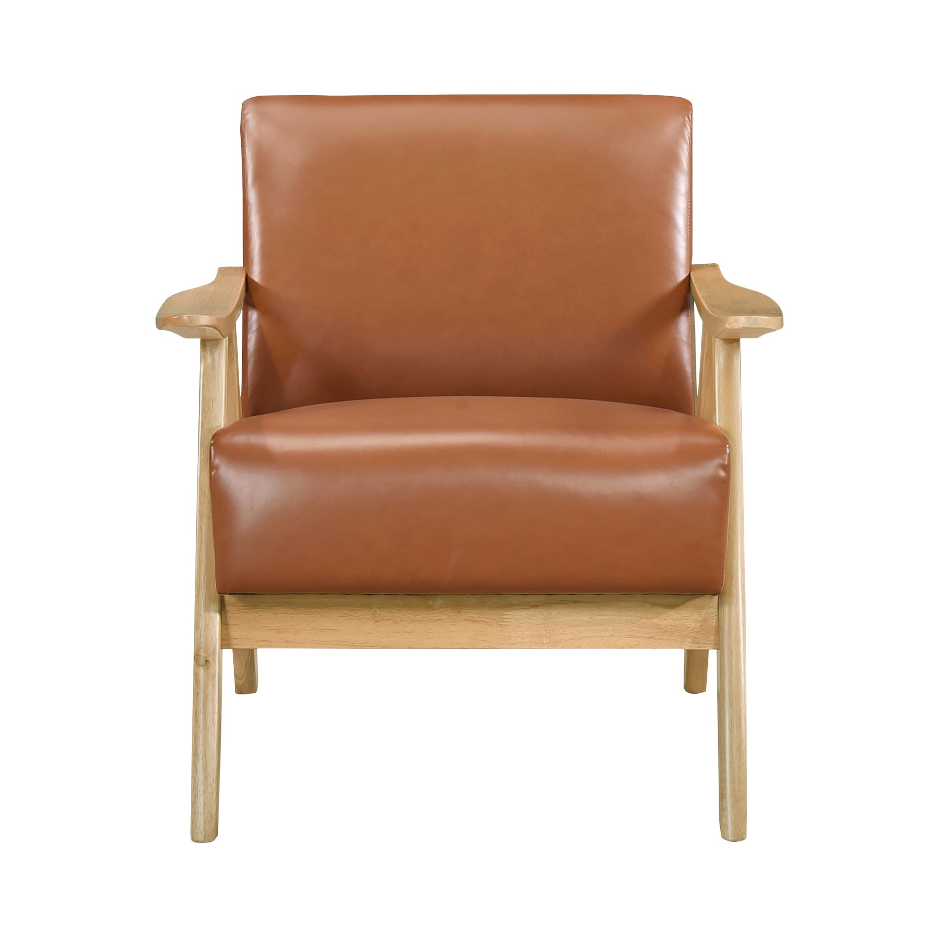 Modern Home Furniture Matt Brown Faux Leather Upholstered 1pc Accent Chair Cushion Back and Seat Natural Finish Solid Rubberwood
