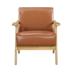 Modern Home Furniture Matt Brown Faux Leather Upholstered 1pc Accent Chair Cushion Back and Seat Natural Finish Solid Rubberwood