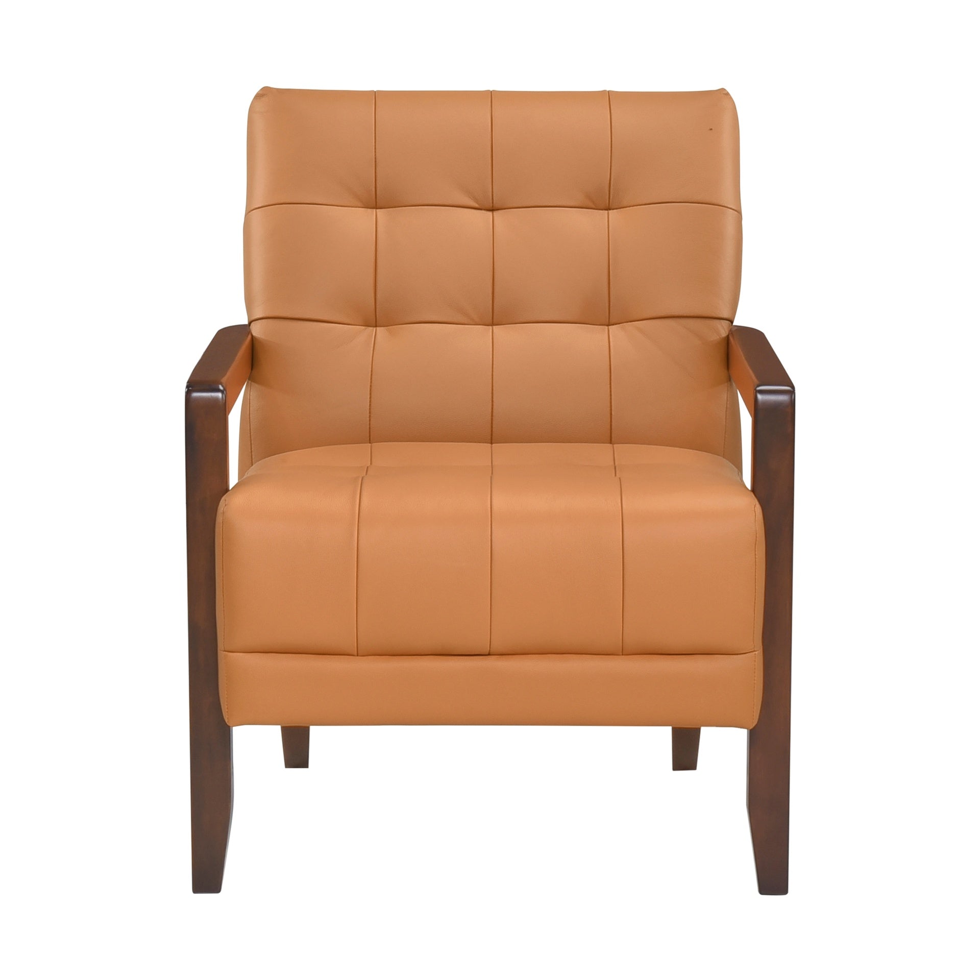 Modern Style Accent Chair Orange Leather Upholstered Tufted Detail Walnut Finish Wood Furniture 1pc