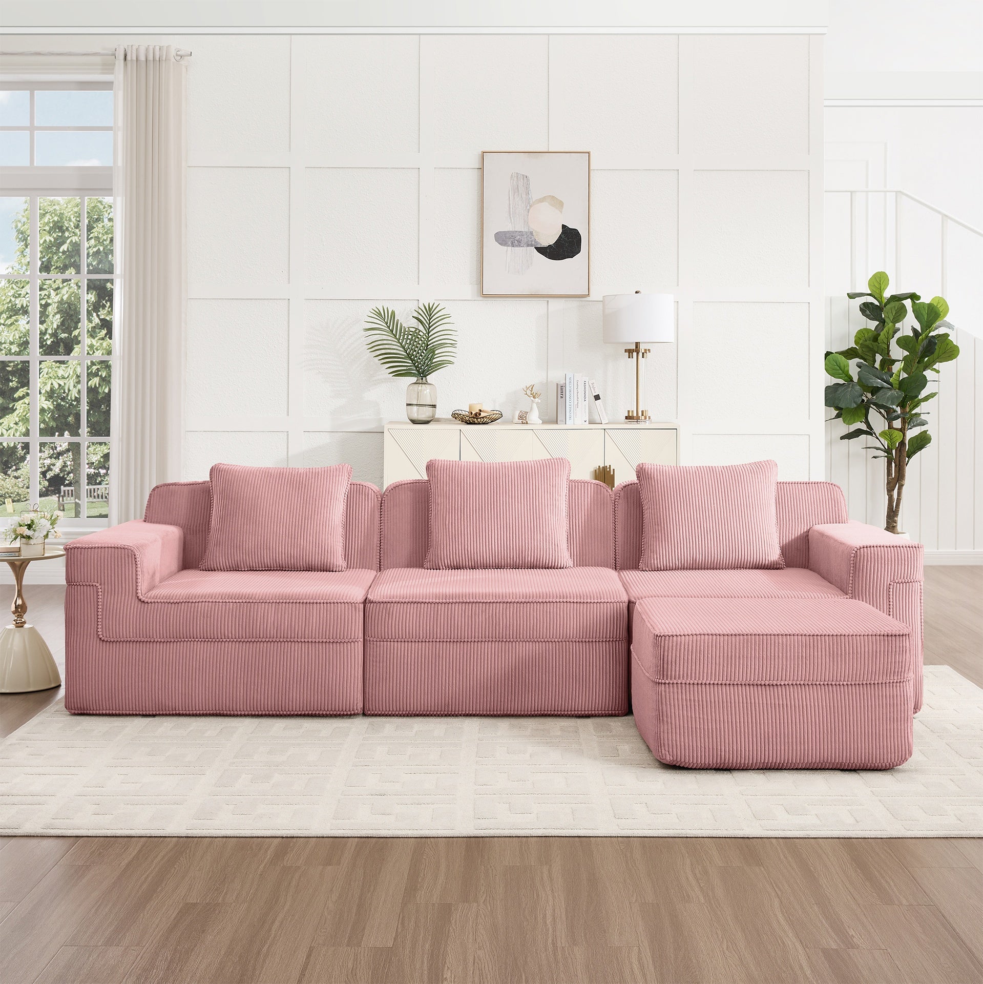 Modular 3 Seat L Shape Sectional Boneless Sofa, Cloud Sectional Couch with Deep Seat, Modern Modular 3-Seat Sofa Couch with Throw Pillows and 1 Movable Ottoman, Corduroy Fabric Pink