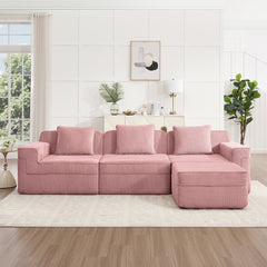 Modular 3 Seat L Shape Sectional Boneless Sofa, Cloud Sectional Couch with Deep Seat, Modern Modular 3-Seat Sofa Couch with Throw Pillows and 1 Movable Ottoman, Corduroy Fabric Pink