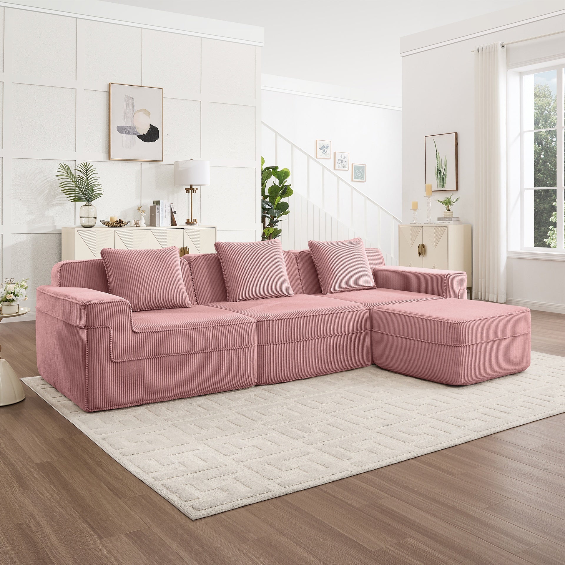 Modular 3 Seat L Shape Sectional Boneless Sofa, Cloud Sectional Couch with Deep Seat, Modern Modular 3-Seat Sofa Couch with Throw Pillows and 1 Movable Ottoman, Corduroy Fabric Pink