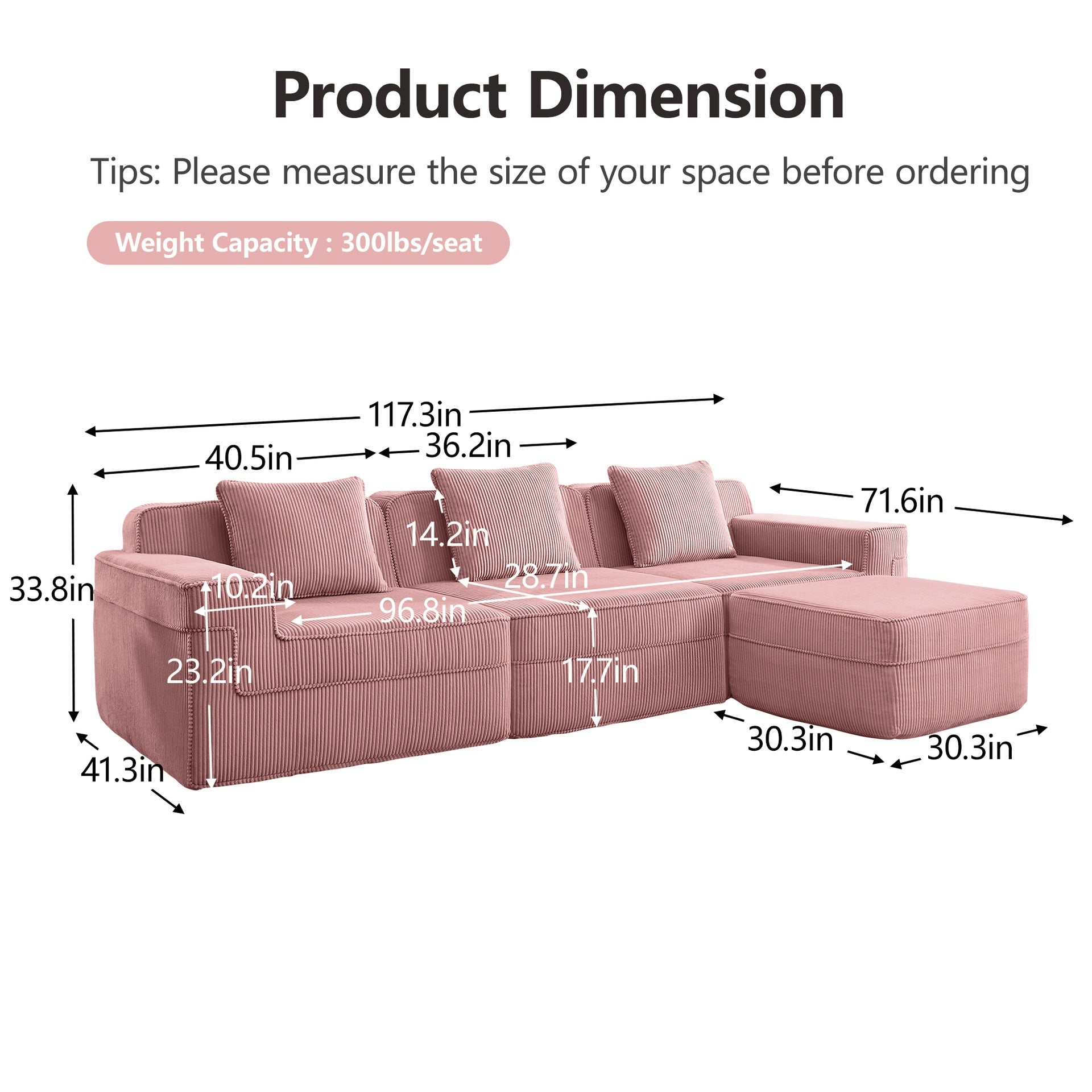 Modular 3 Seat L Shape Sectional Boneless Sofa, Cloud Sectional Couch with Deep Seat, Modern Modular 3-Seat Sofa Couch with Throw Pillows and 1 Movable Ottoman, Corduroy Fabric Pink